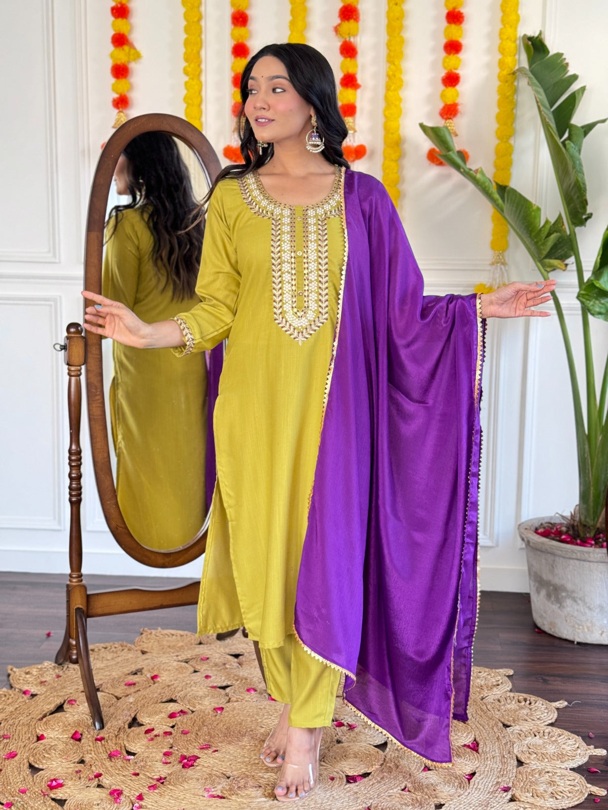 Women's Reyon Slub Embroidered Kurta With Pant & Dupatta Work Suit Set