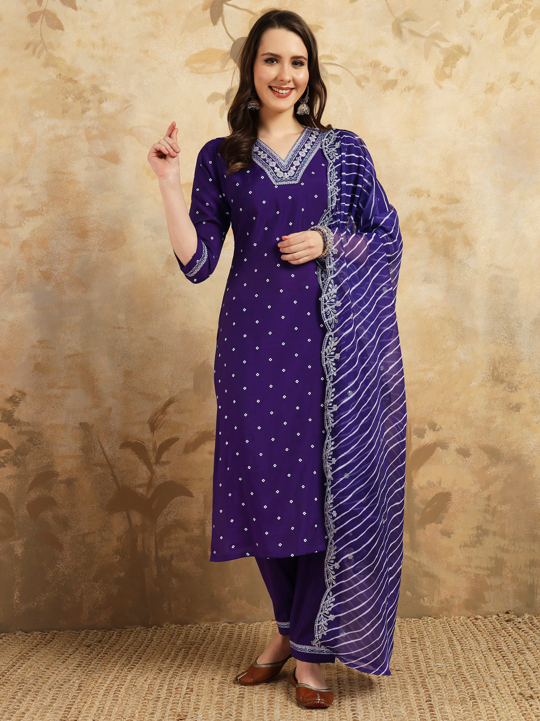 Women's Chanderi Silk Embroidered Straight Kurta with Chanderi Silk Pant & Taby silk Printed Dupatta Set