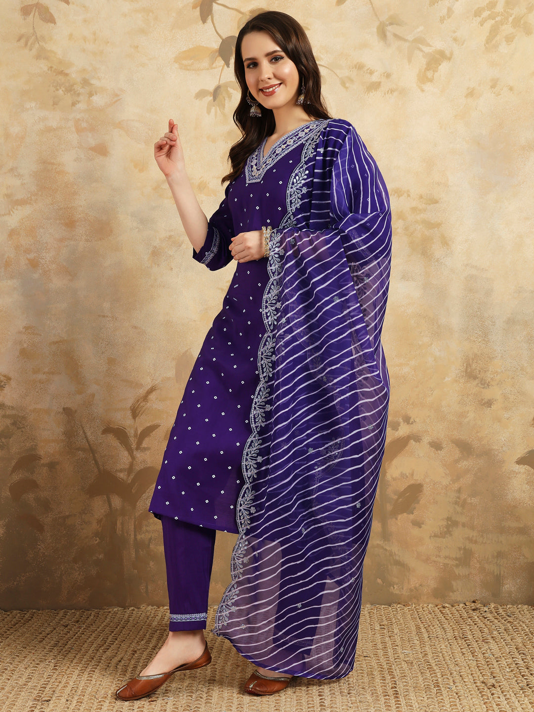 Women's Chanderi Silk Embroidered Straight Kurta with Chanderi Silk Pant & Taby silk Printed Dupatta Set