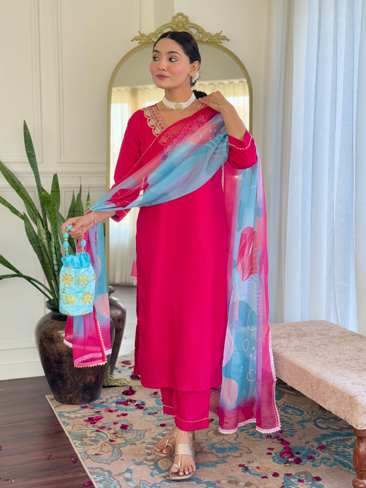 Women's Wine Rayon Slub Embroidered Straight Kurta with Rayon Slub Pant and Chinon Laced Dupatta Sets