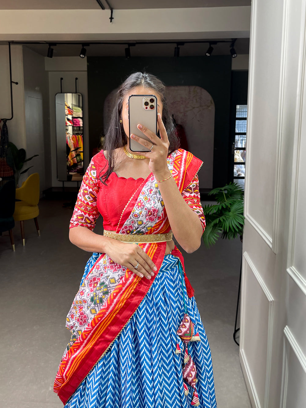 Multi Blue Gujarati Cotton Garba Dandiya Print Lehenga Set