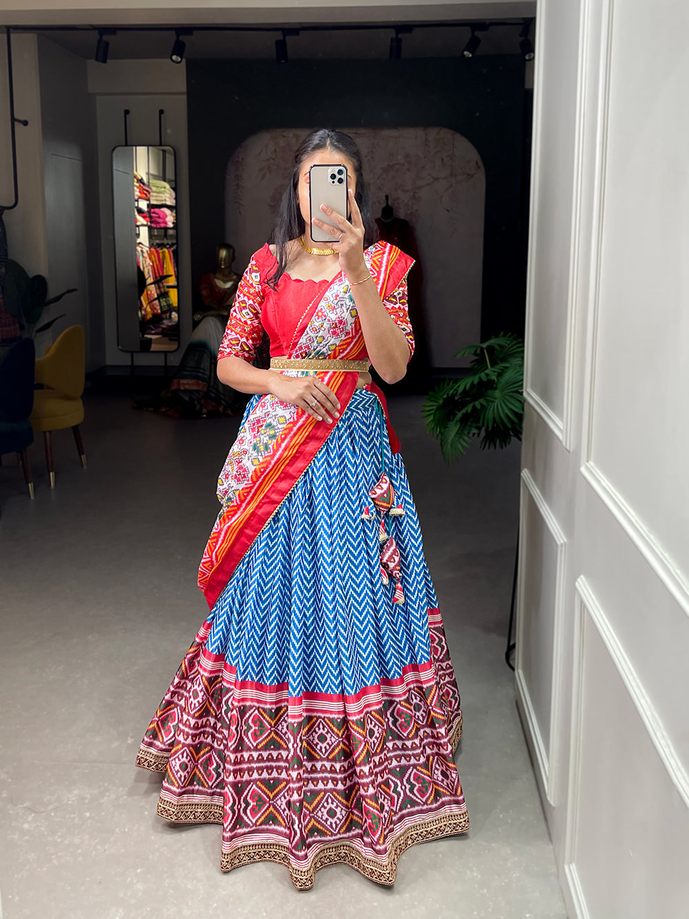 Multi Blue Gujarati Cotton Garba Dandiya Print Lehenga Set