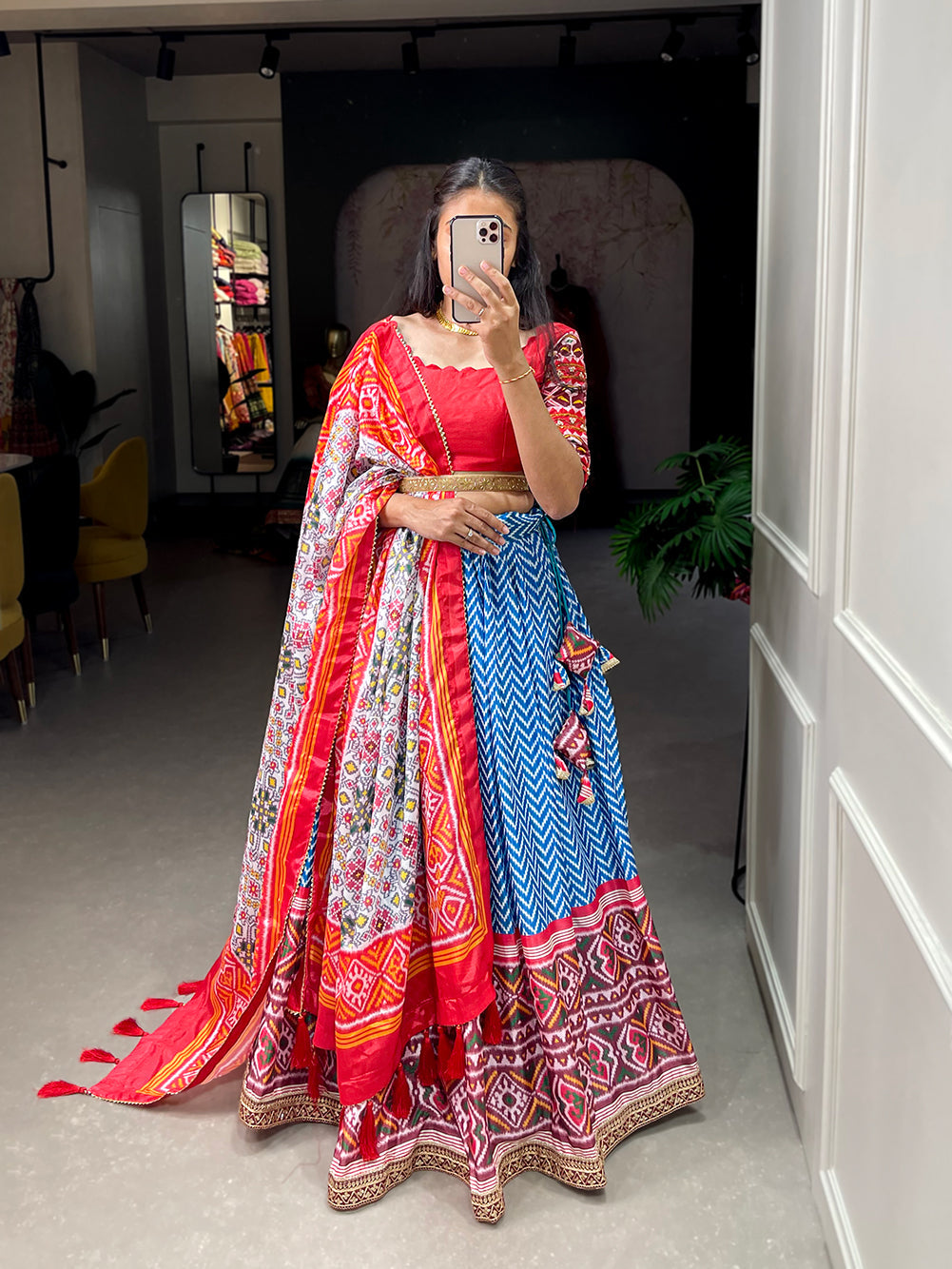 Multi Blue Gujarati Cotton Garba Dandiya Print Lehenga Set