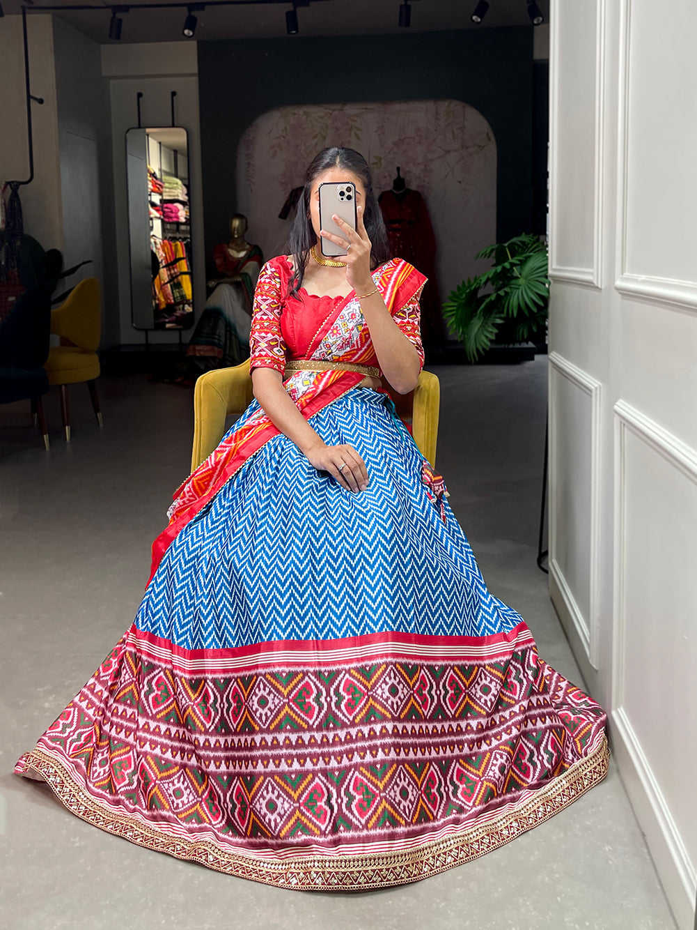 Multi Blue Gujarati Cotton Garba Dandiya Print Lehenga Set