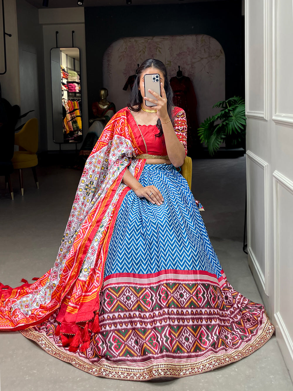 Multi Blue Gujarati Cotton Garba Dandiya Print Lehenga Set