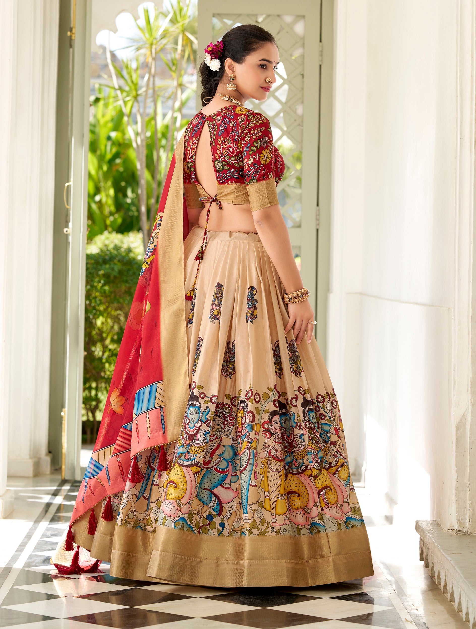 Kalamkari Printed Ready to Wear Lehenga & Unstitched Blouse With Dupatta