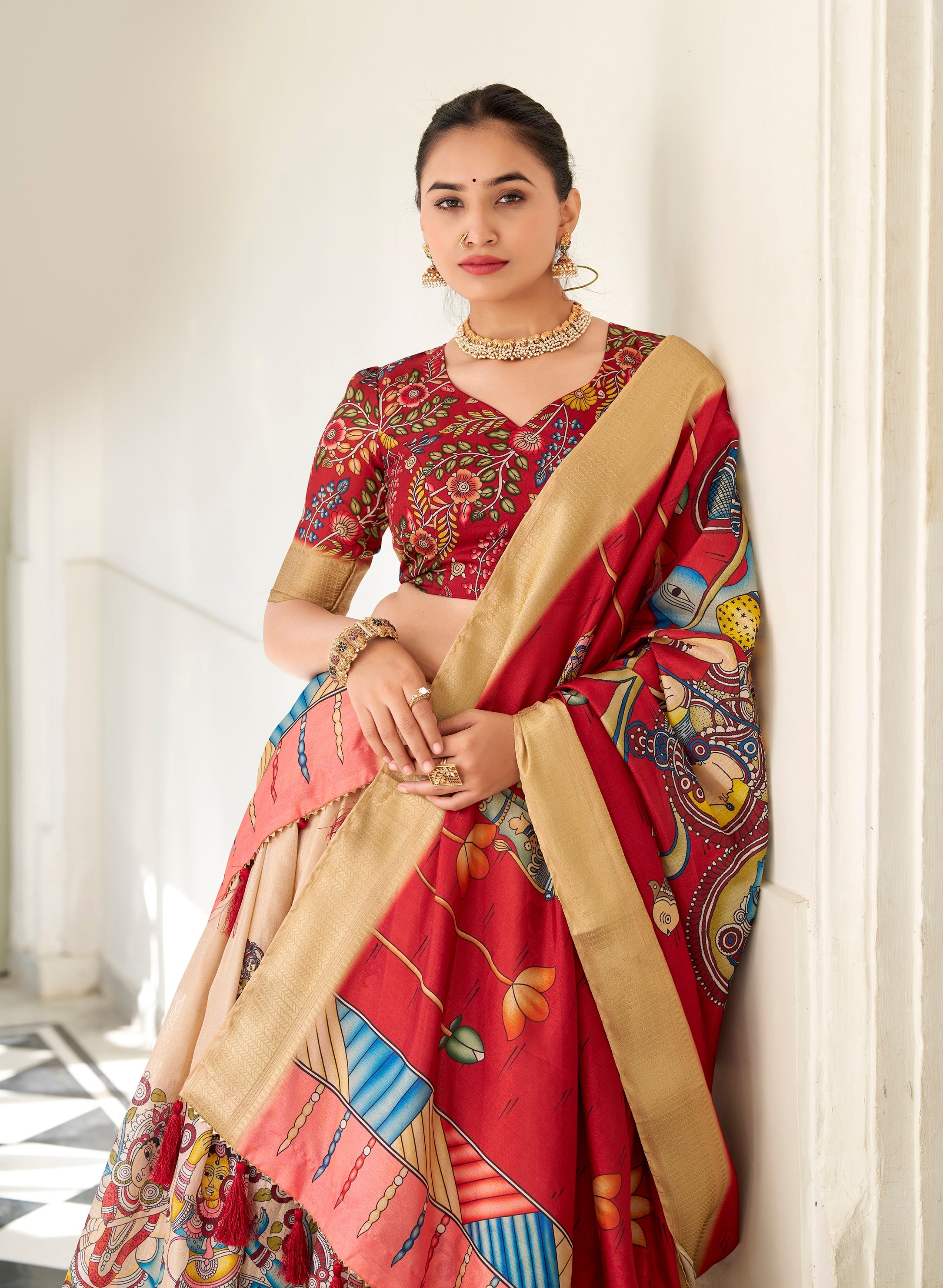 Kalamkari Printed Ready to Wear Lehenga & Unstitched Blouse With Dupatta