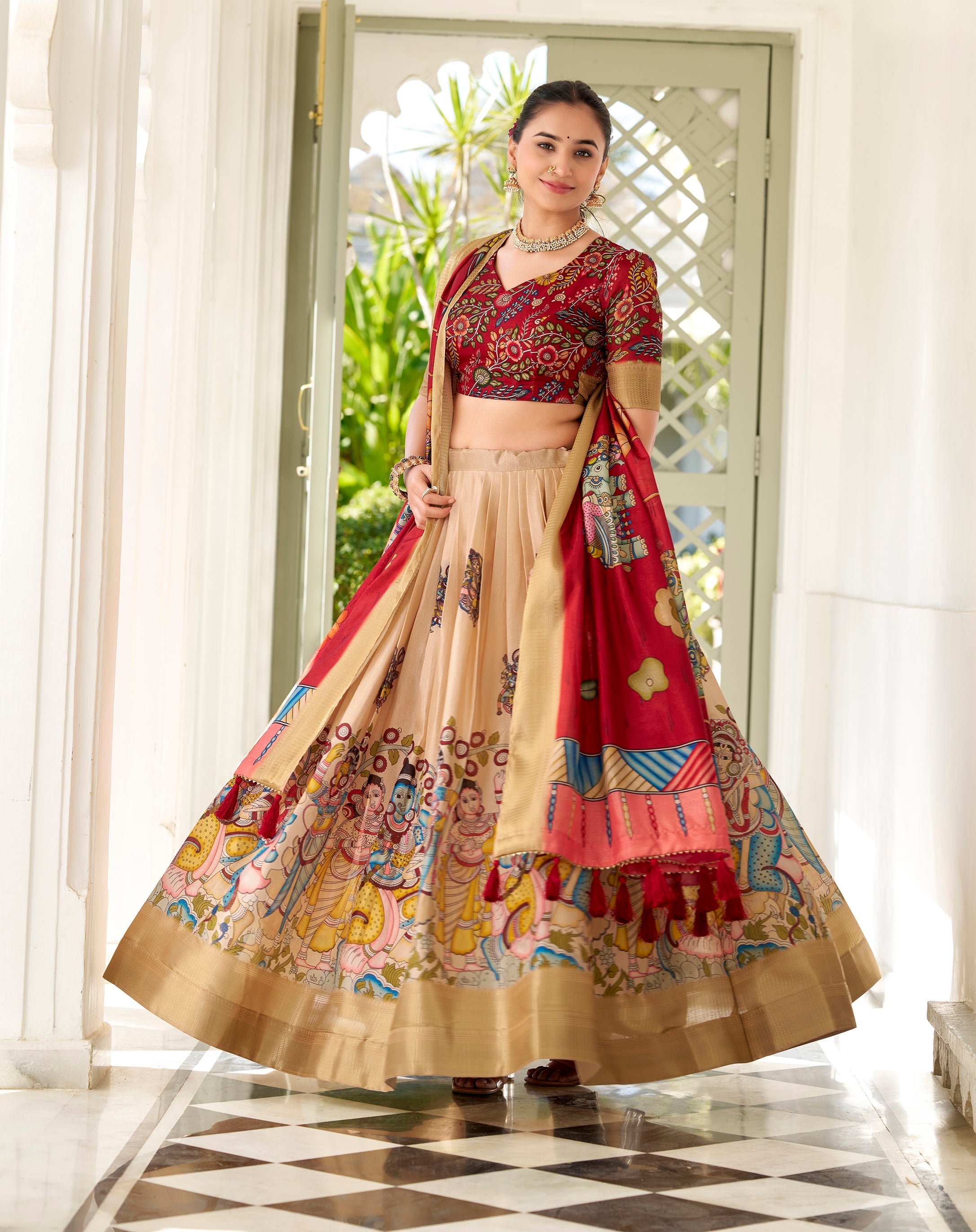 Kalamkari Printed Ready to Wear Lehenga & Unstitched Blouse With Dupatta