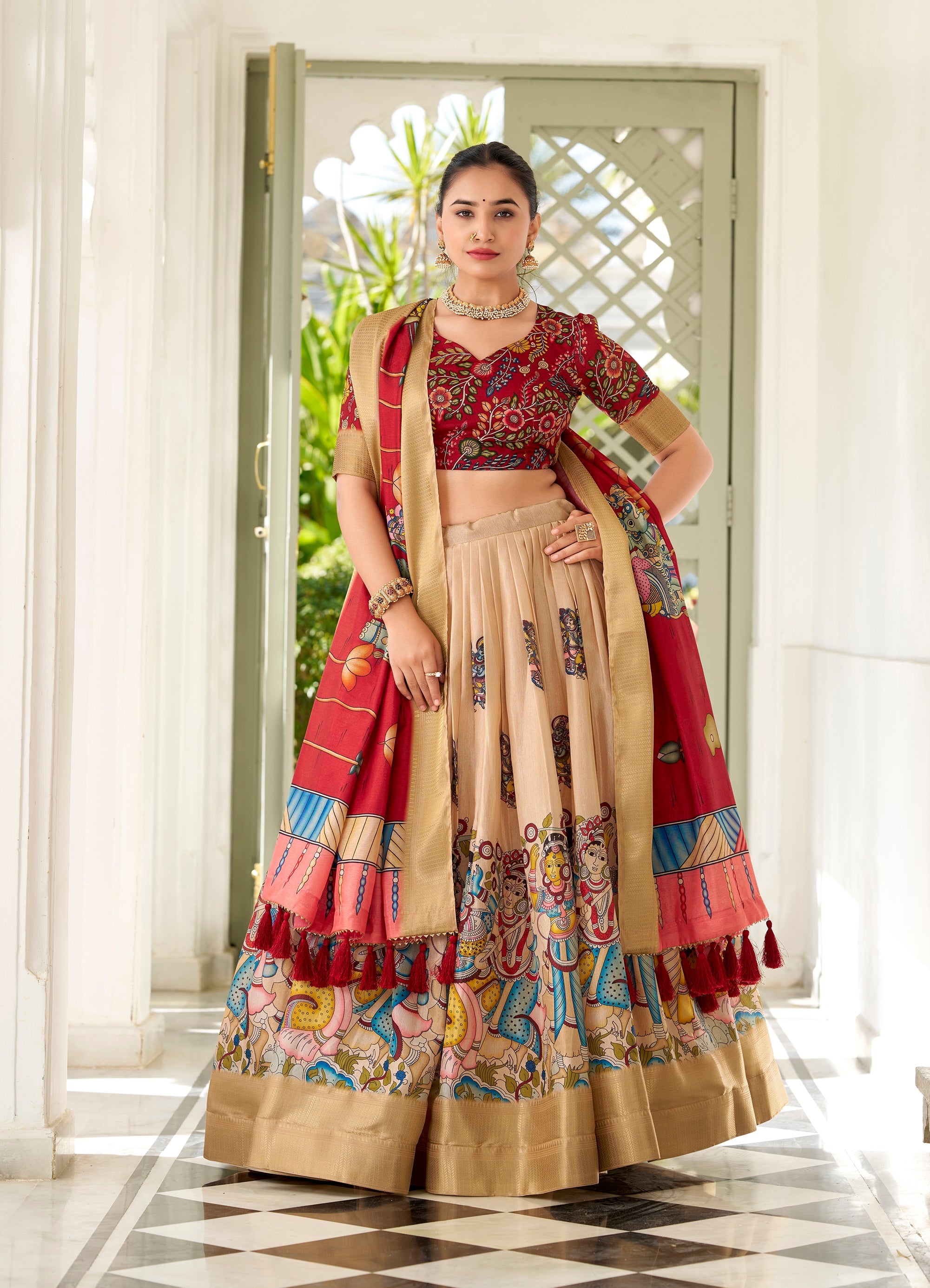Kalamkari Printed Ready to Wear Lehenga & Unstitched Blouse With Dupatta