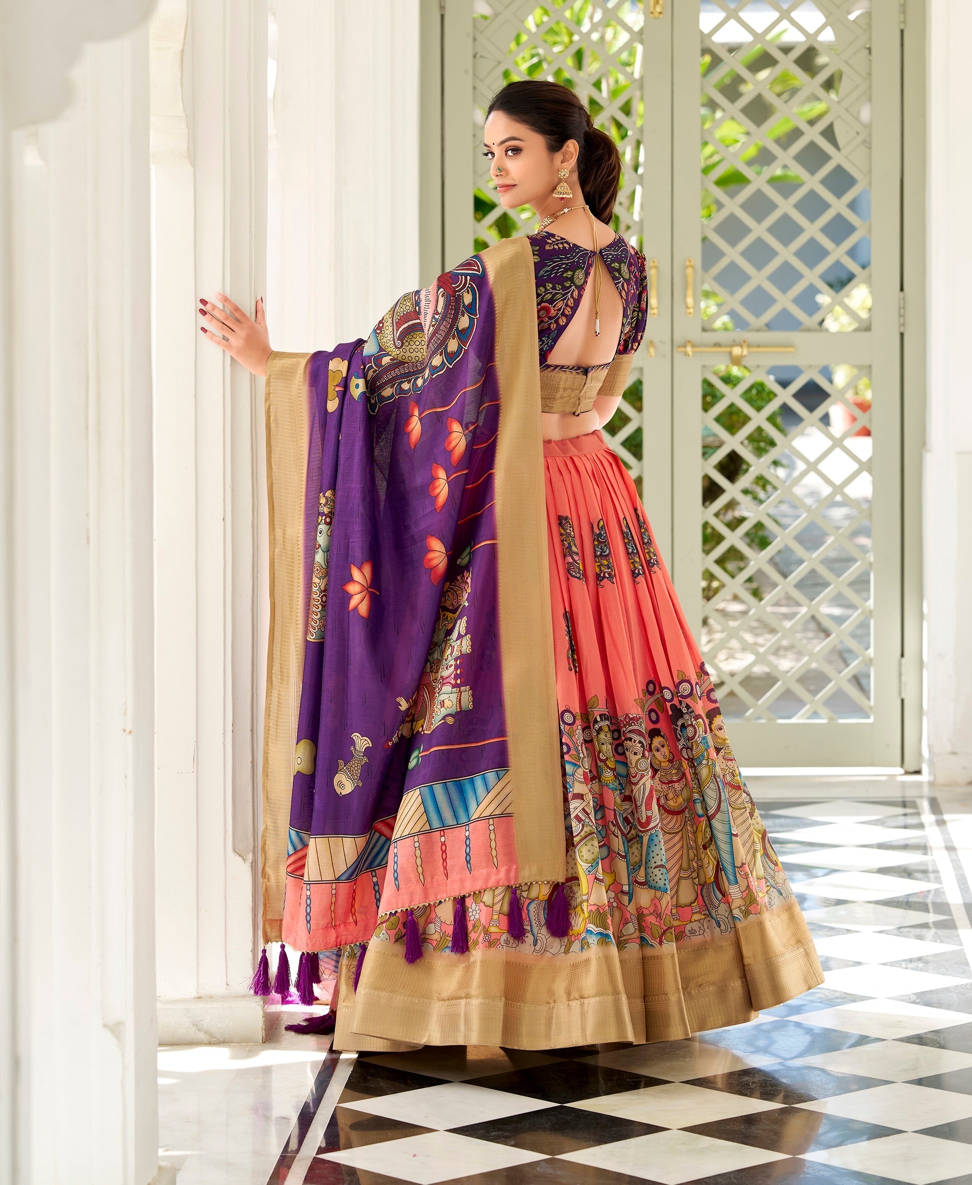 Kalamkari Printed Ready to Wear Lehenga & Unstitched Blouse With Dupatta