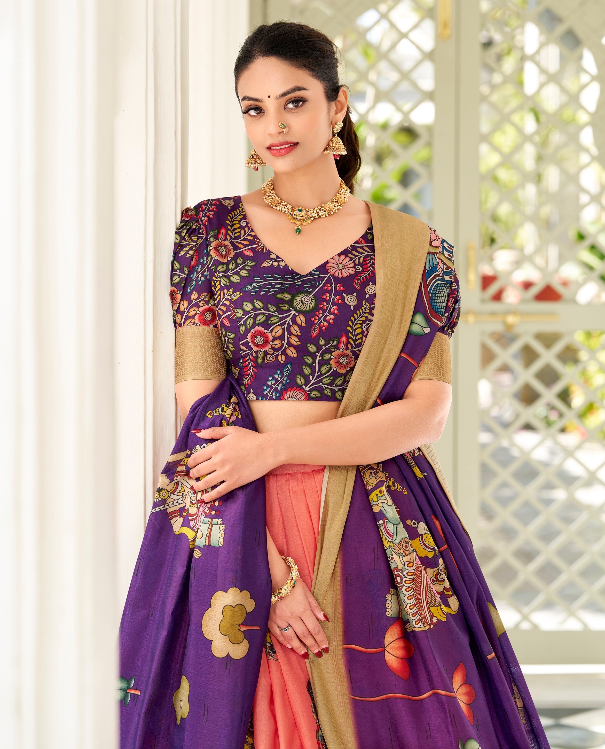 Kalamkari Printed Ready to Wear Lehenga & Unstitched Blouse With Dupatta