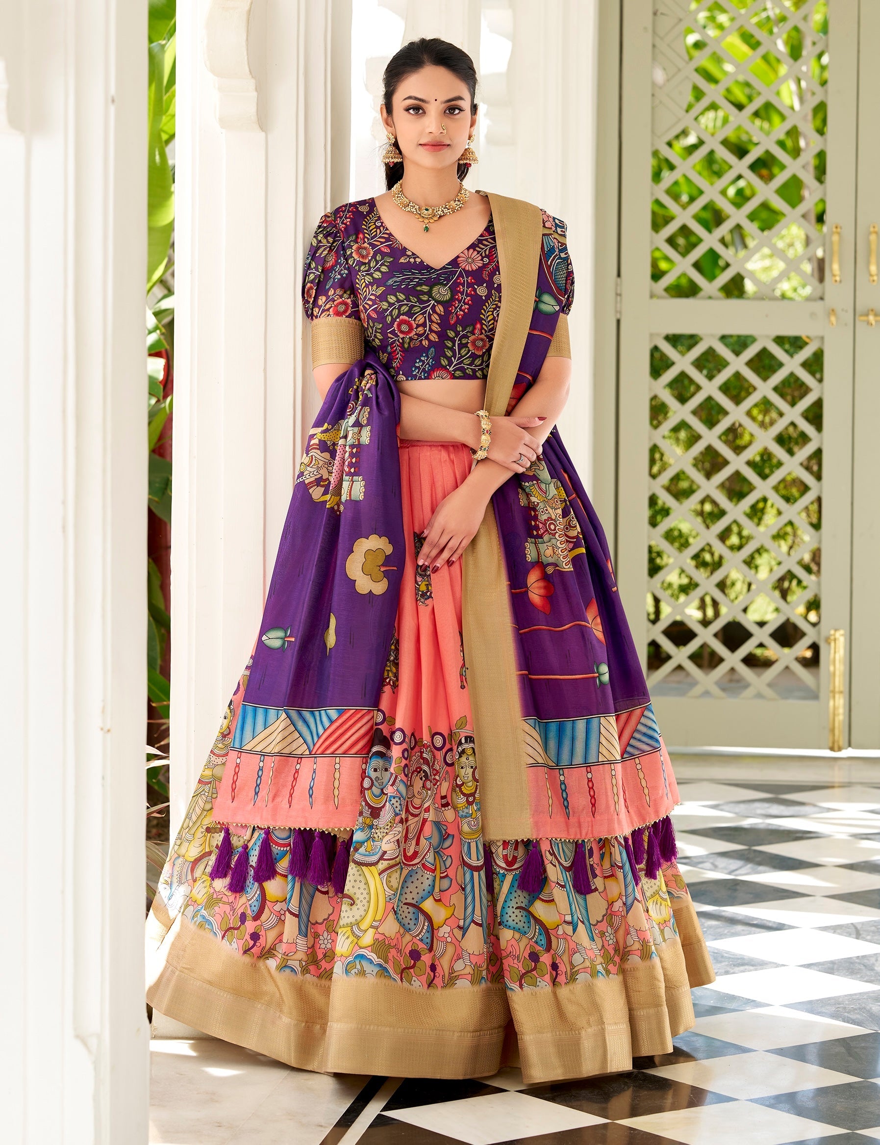 Kalamkari Printed Ready to Wear Lehenga & Unstitched Blouse With Dupatta