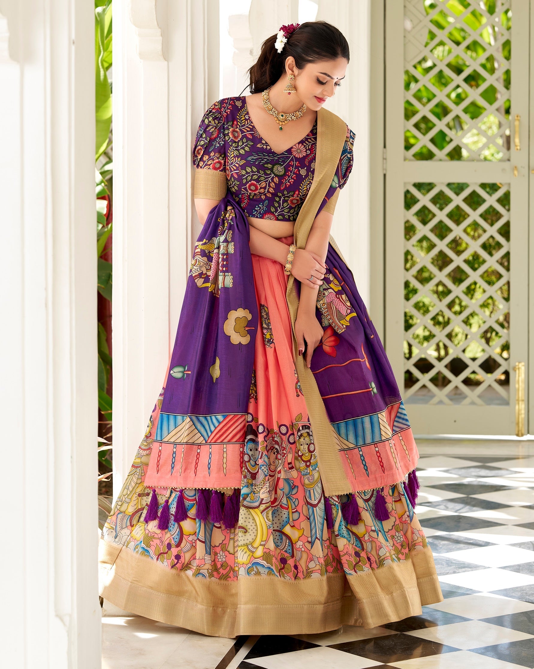 Kalamkari Printed Ready to Wear Lehenga & Unstitched Blouse With Dupatta