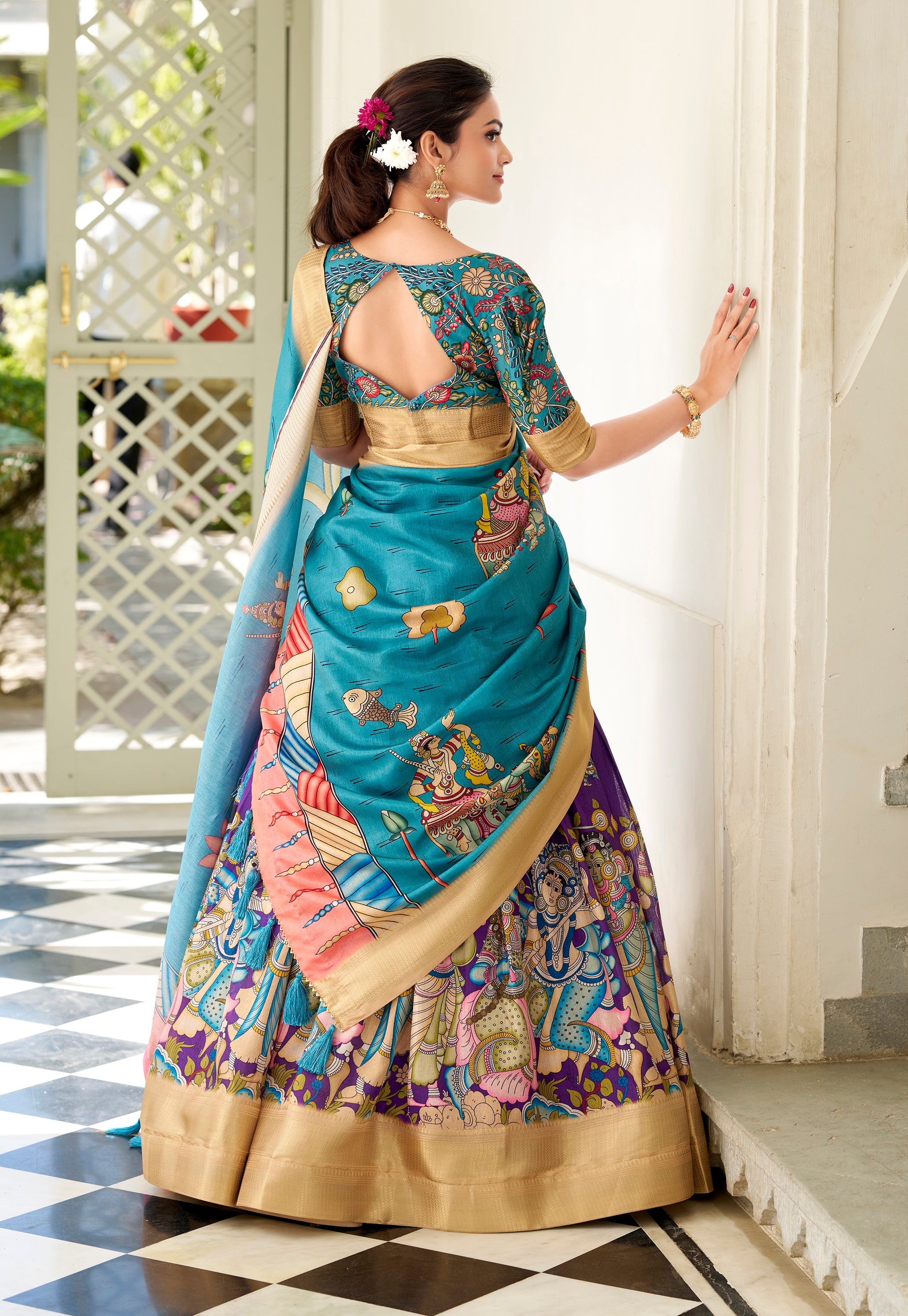 Kalamkari Printed Ready to Wear Lehenga & Unstitched Blouse With Dupatta