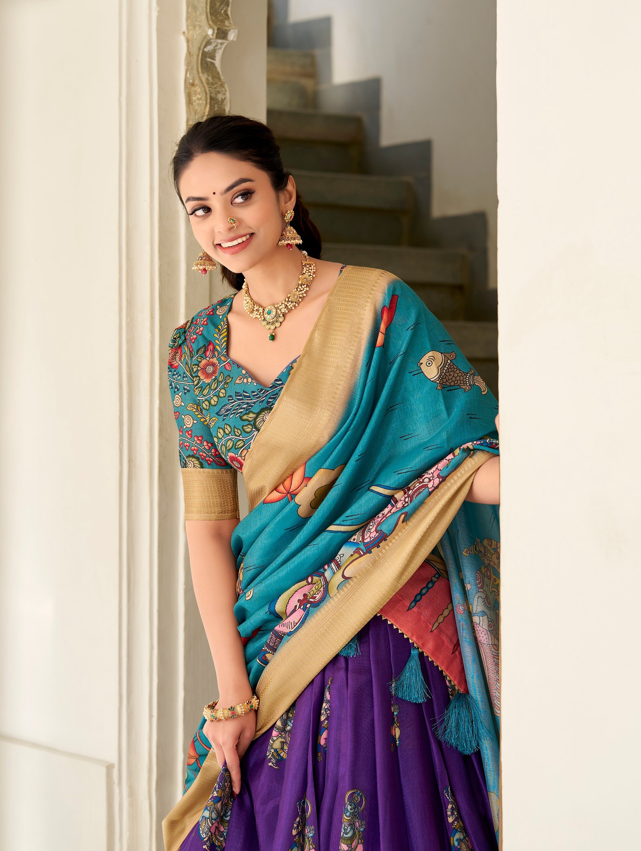 Kalamkari Printed Ready to Wear Lehenga & Unstitched Blouse With Dupatta