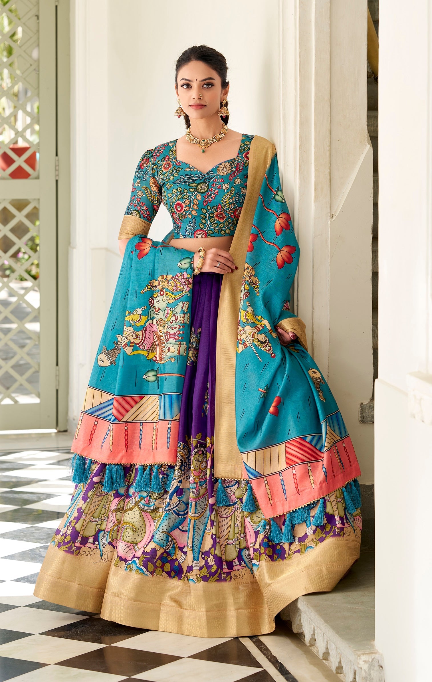 Kalamkari Printed Ready to Wear Lehenga & Unstitched Blouse With Dupatta
