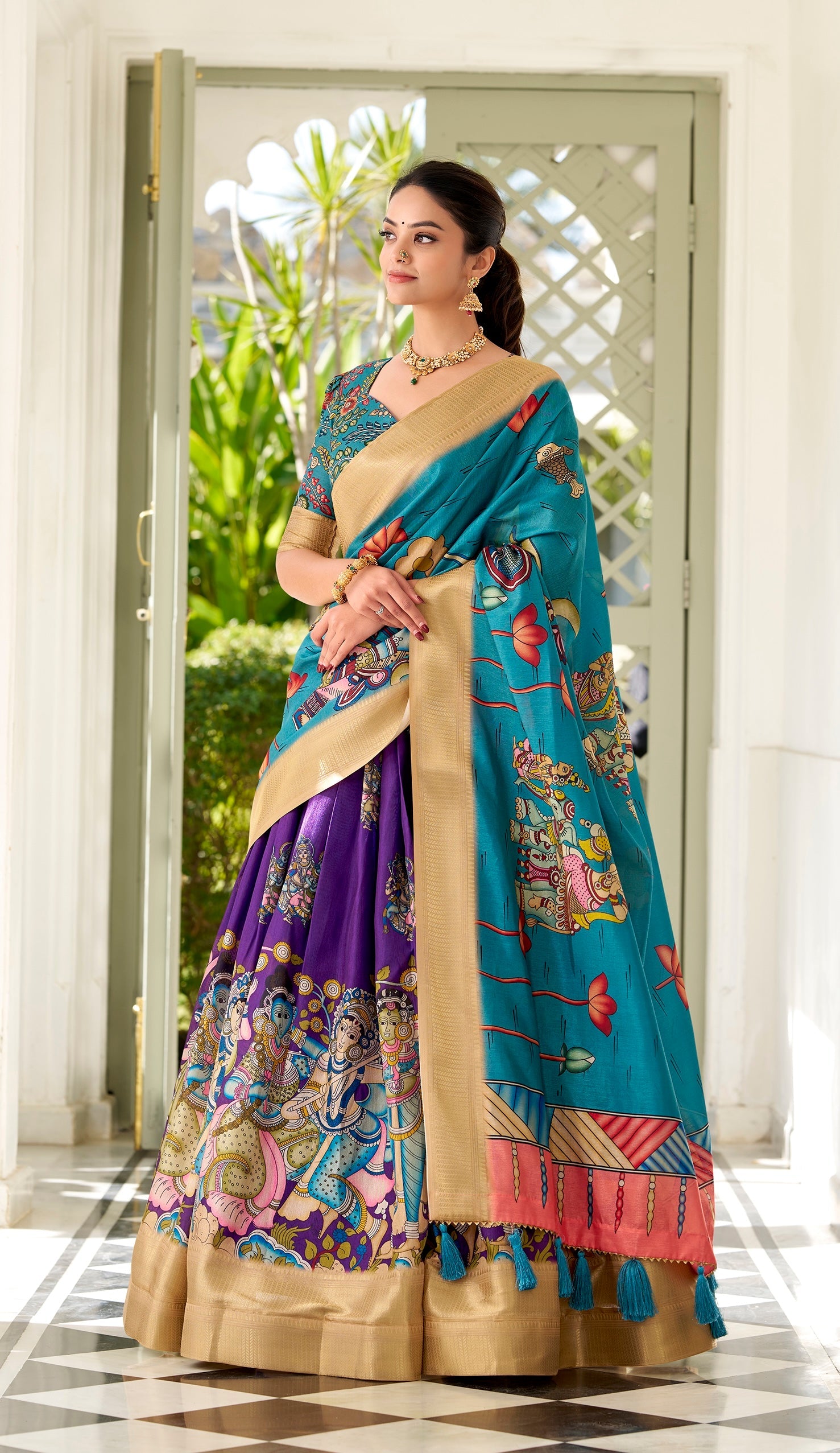Kalamkari Printed Ready to Wear Lehenga & Unstitched Blouse With Dupatta