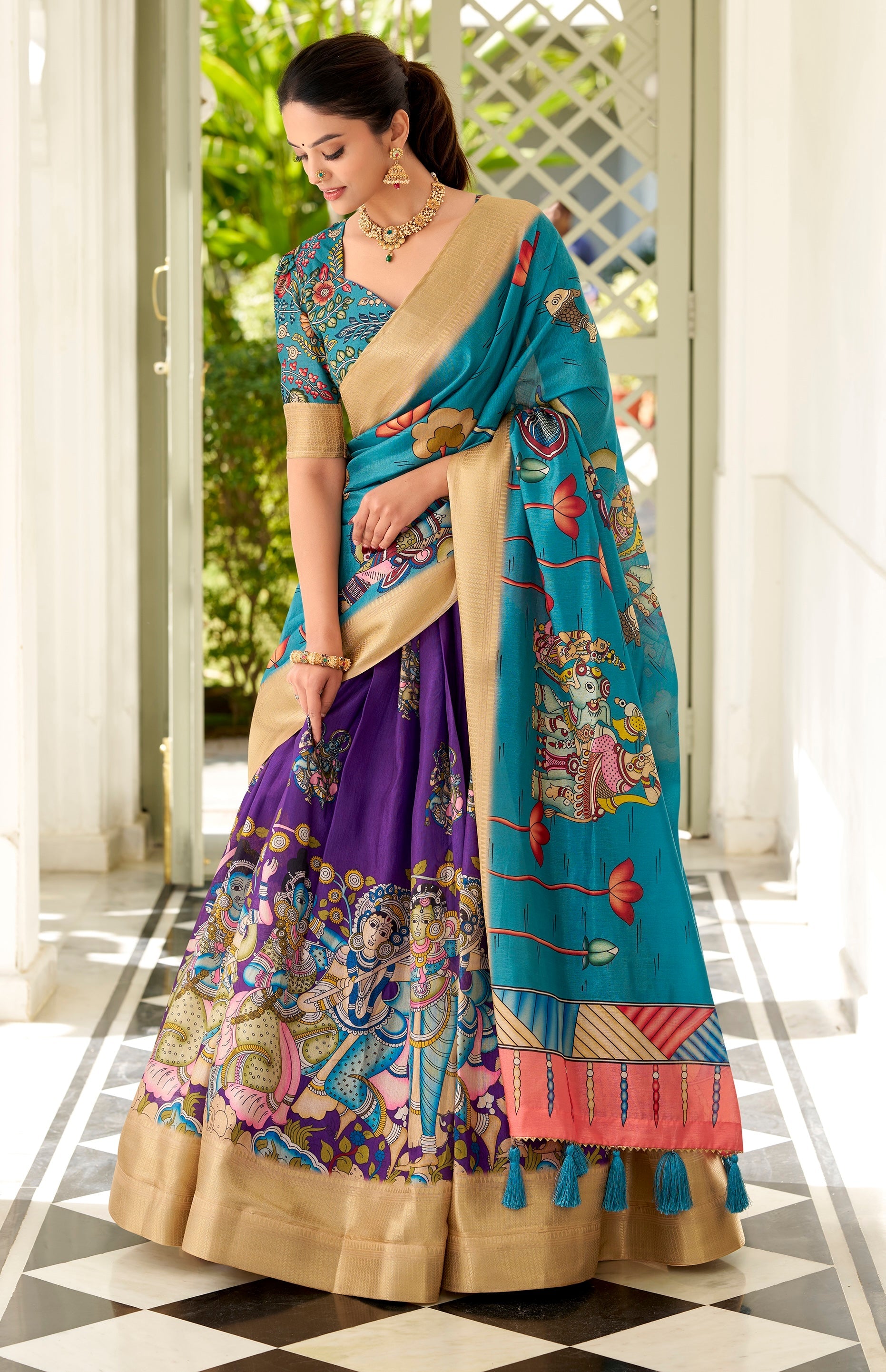 Kalamkari Printed Ready to Wear Lehenga & Unstitched Blouse With Dupatta