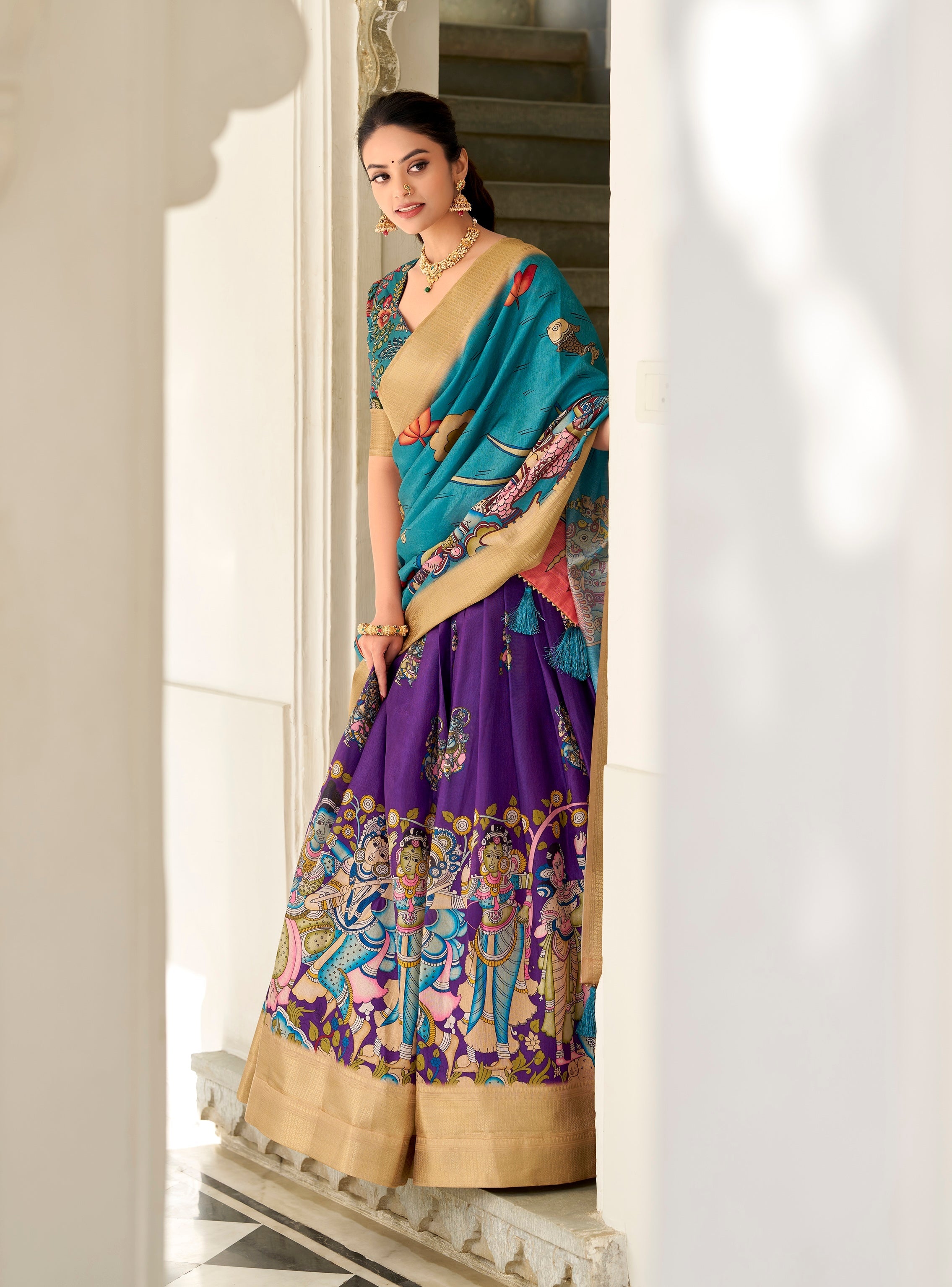 Kalamkari Printed Ready to Wear Lehenga & Unstitched Blouse With Dupatta