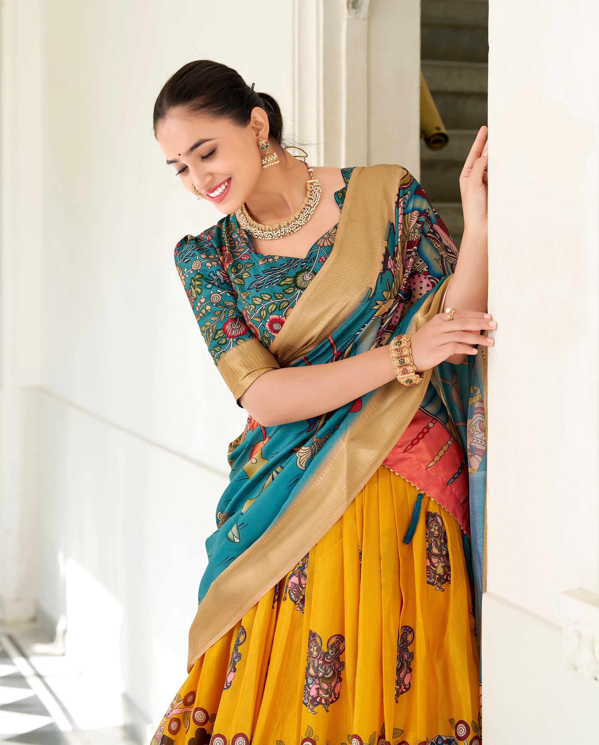 Kalamkari Printed Ready to Wear Lehenga & Unstitched Blouse With Dupatta