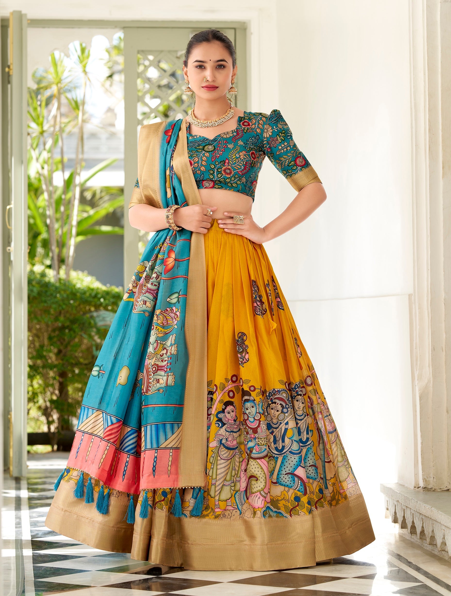 Kalamkari Printed Ready to Wear Lehenga & Unstitched Blouse With Dupatta