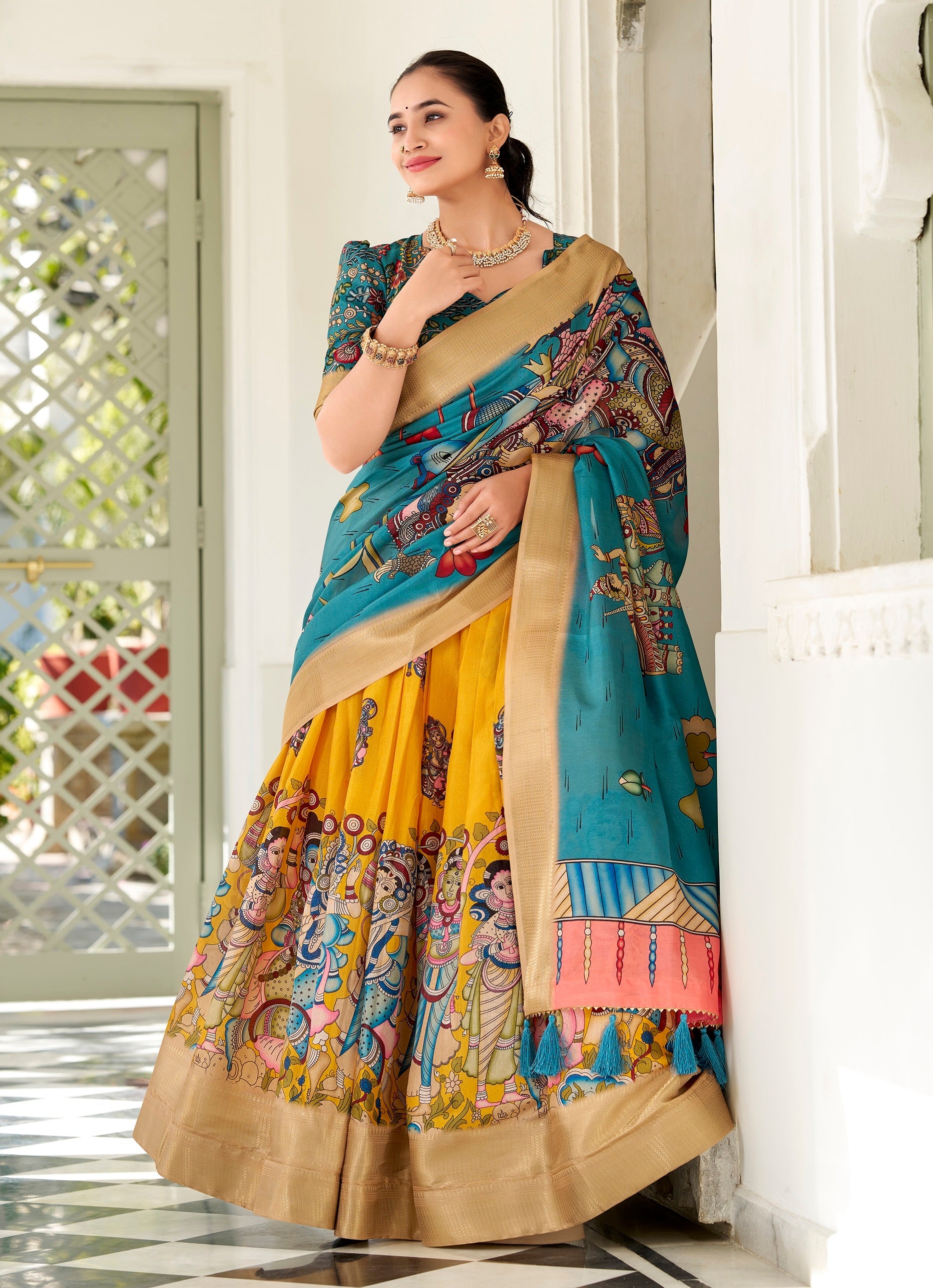Kalamkari Printed Ready to Wear Lehenga & Unstitched Blouse With Dupatta