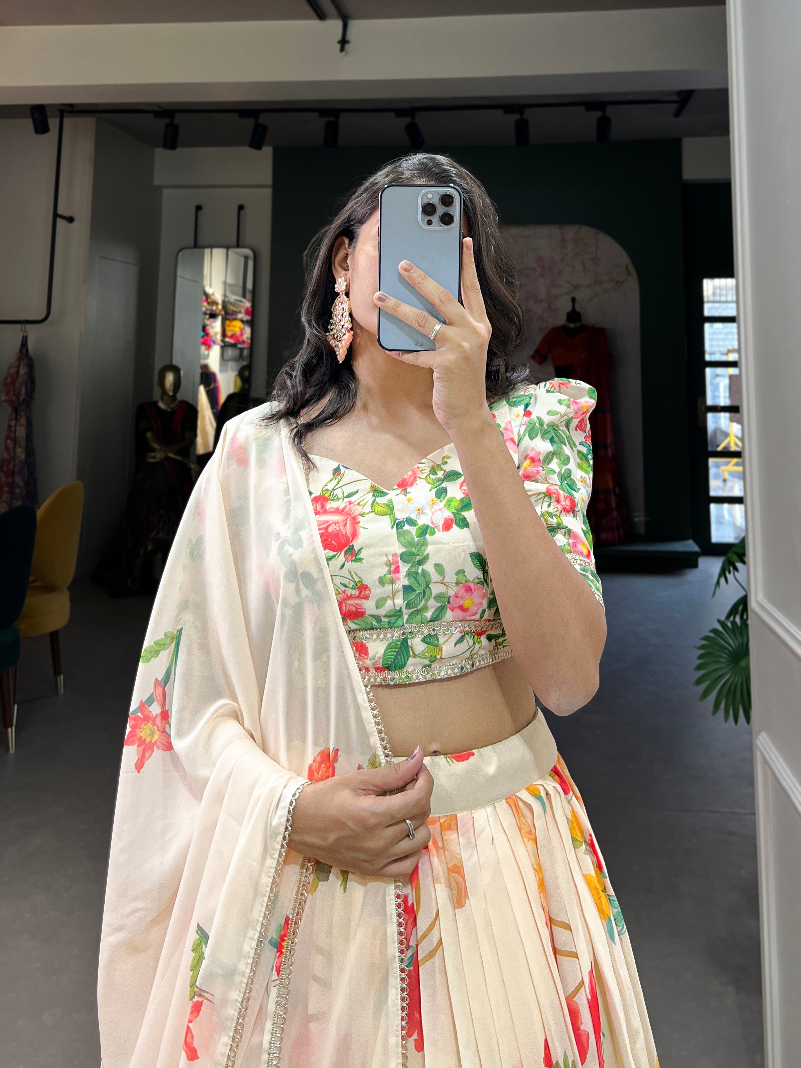 Cream Color Georgette Floral Printed Lehenga Choli