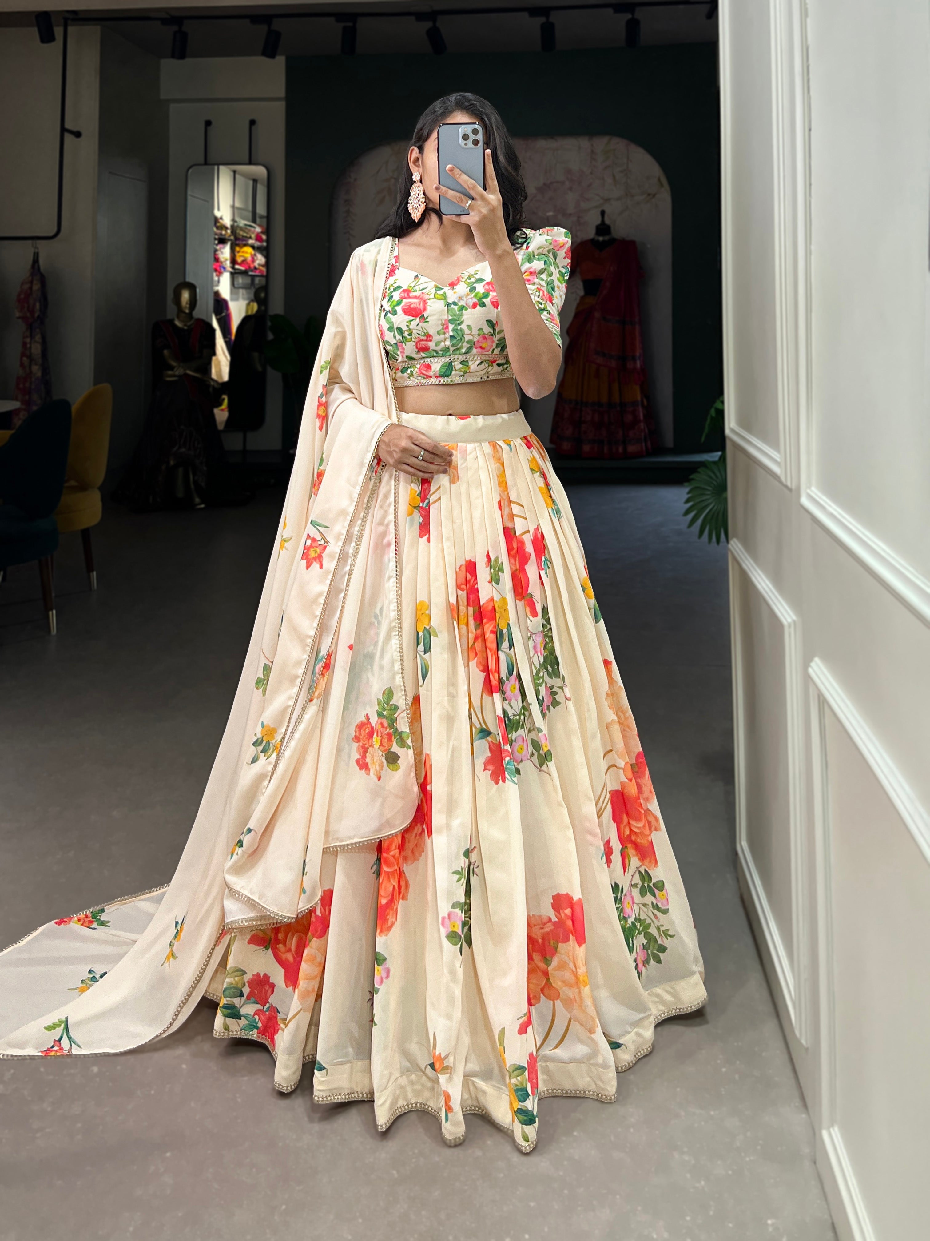 Cream Color Georgette Floral Printed Lehenga Choli