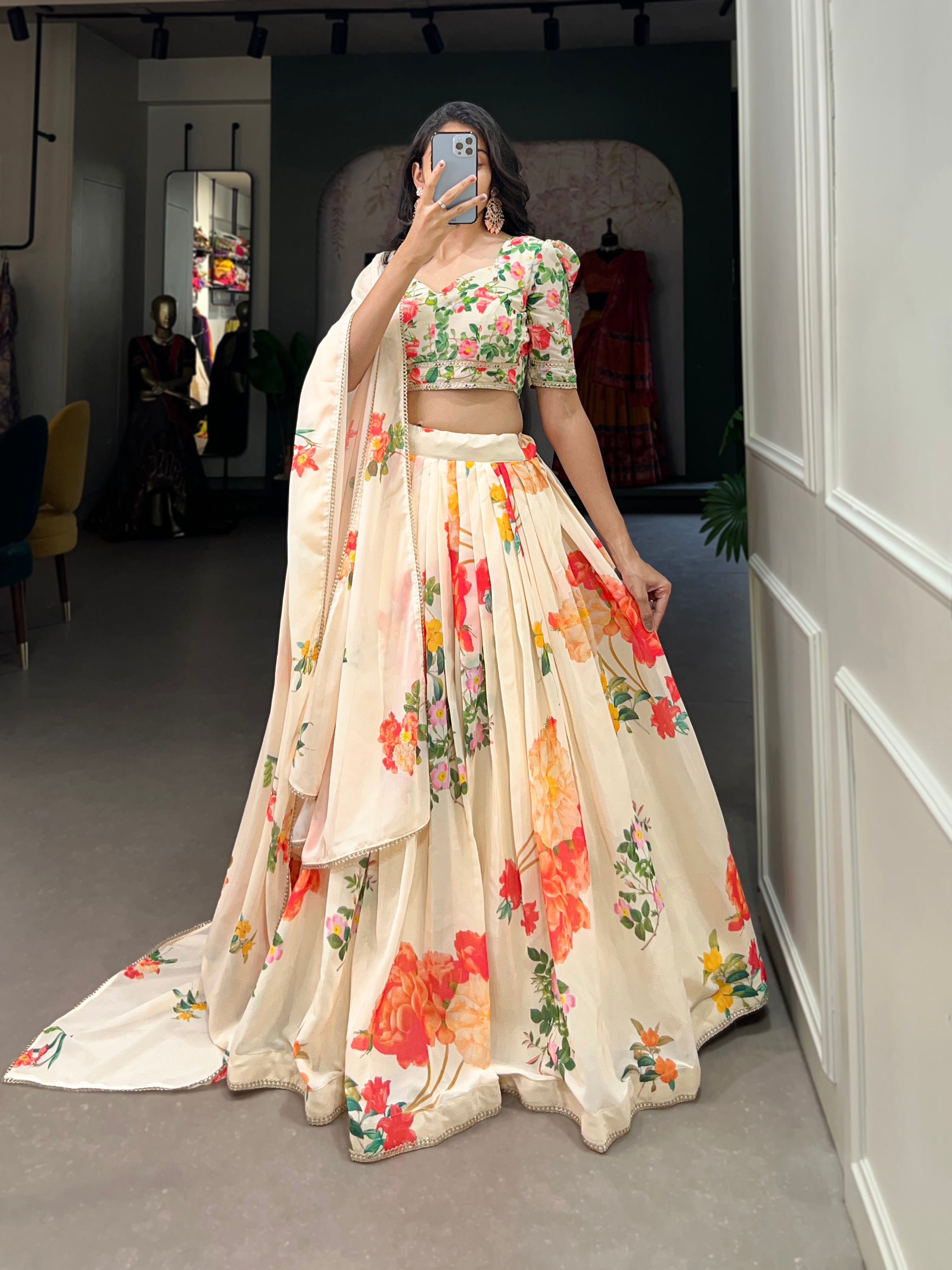 Cream Color Georgette Floral Printed Lehenga Choli