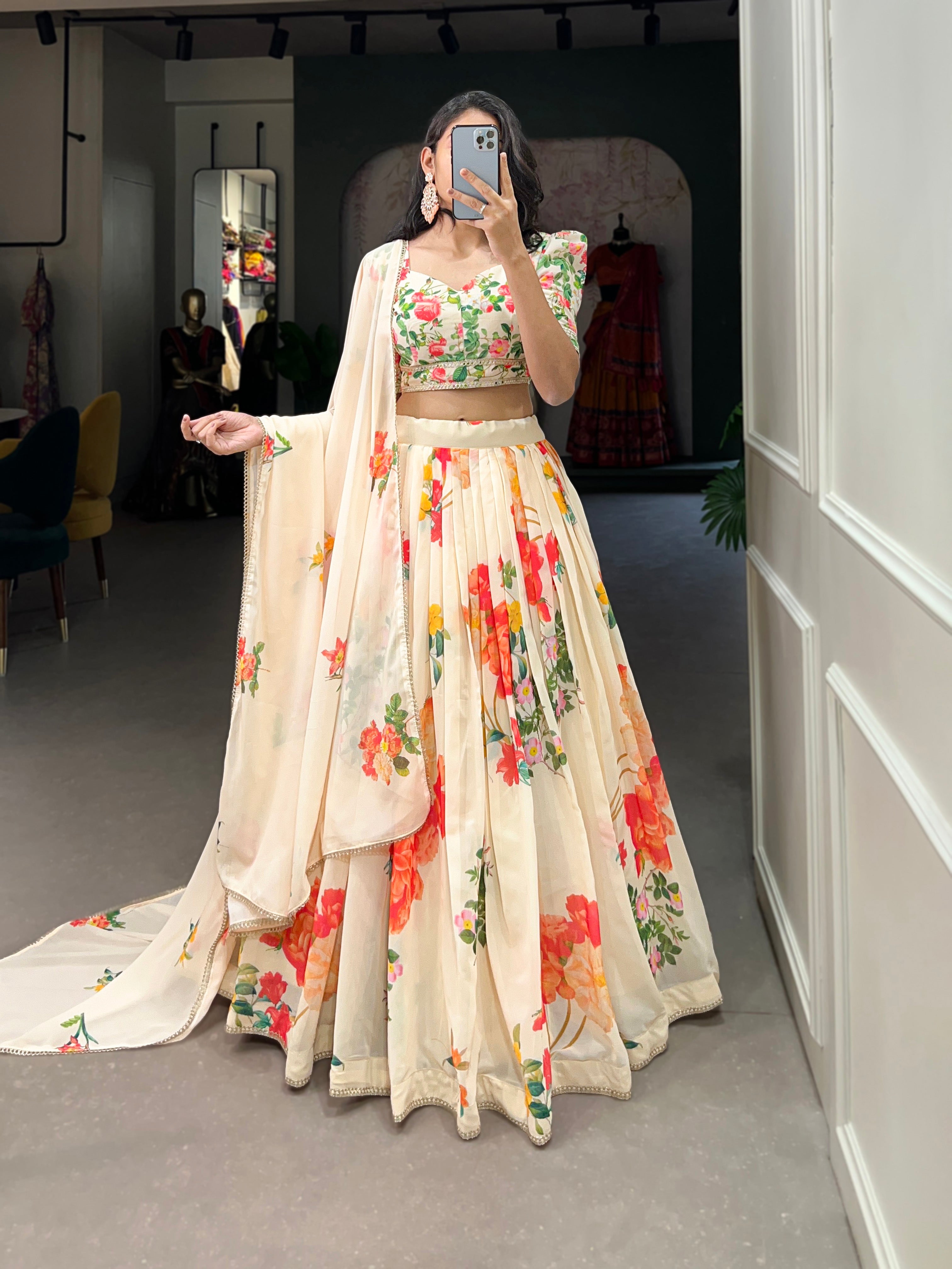 Cream Color Georgette Floral Printed Lehenga Choli