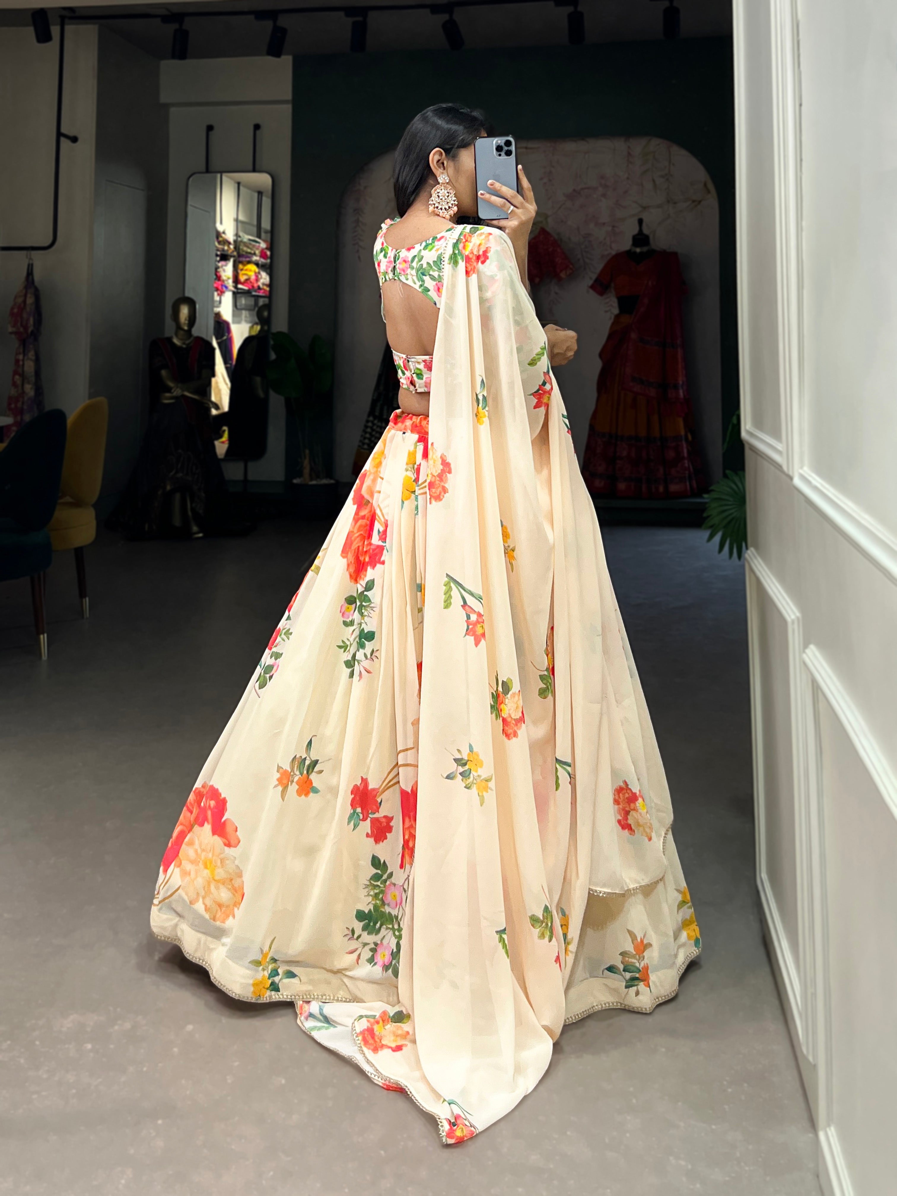 Cream Color Georgette Floral Printed Lehenga Choli
