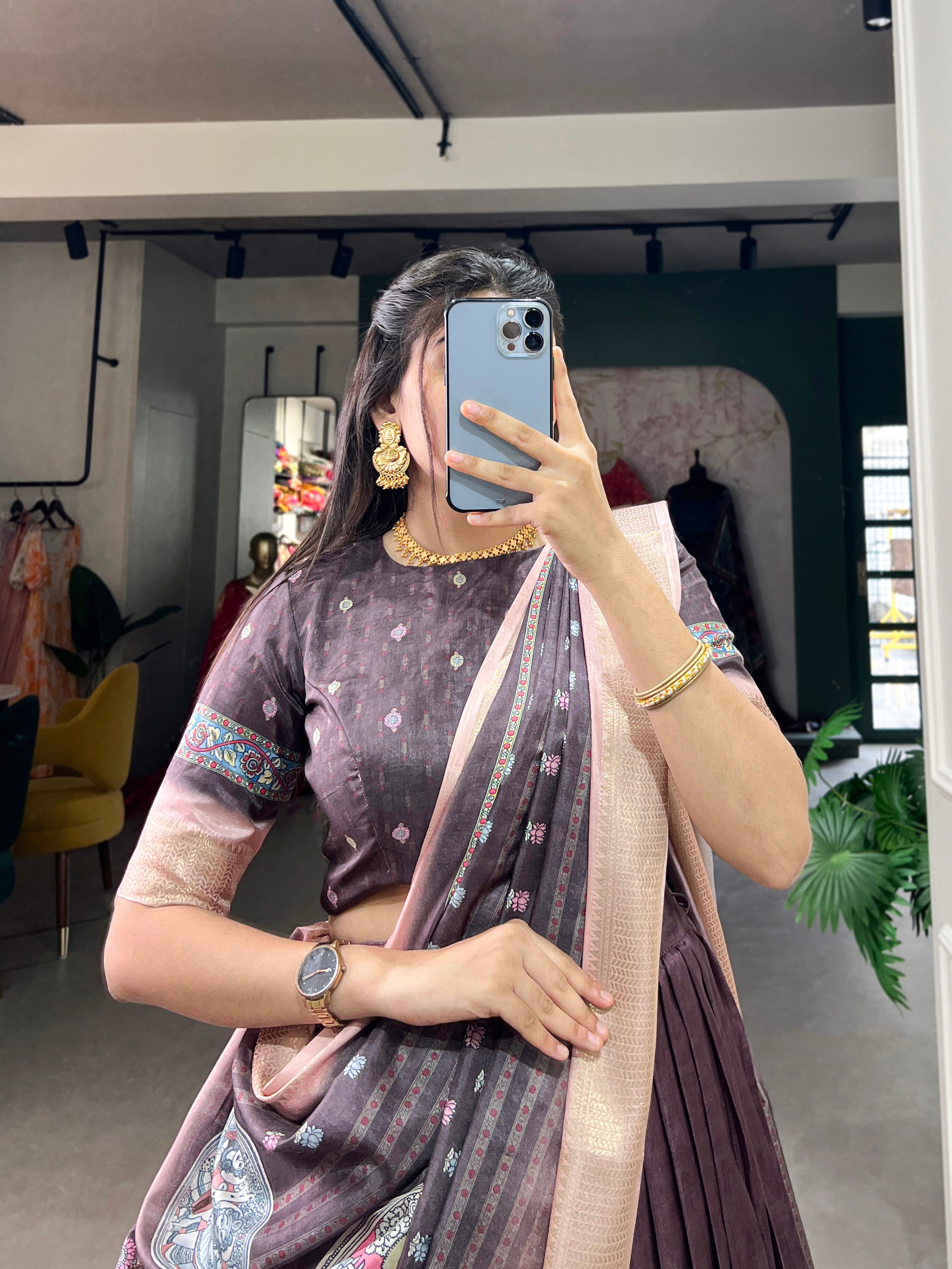 Amazing Burgundy Kalamkari Printed Dola Silk Traditional Lehenga Choli