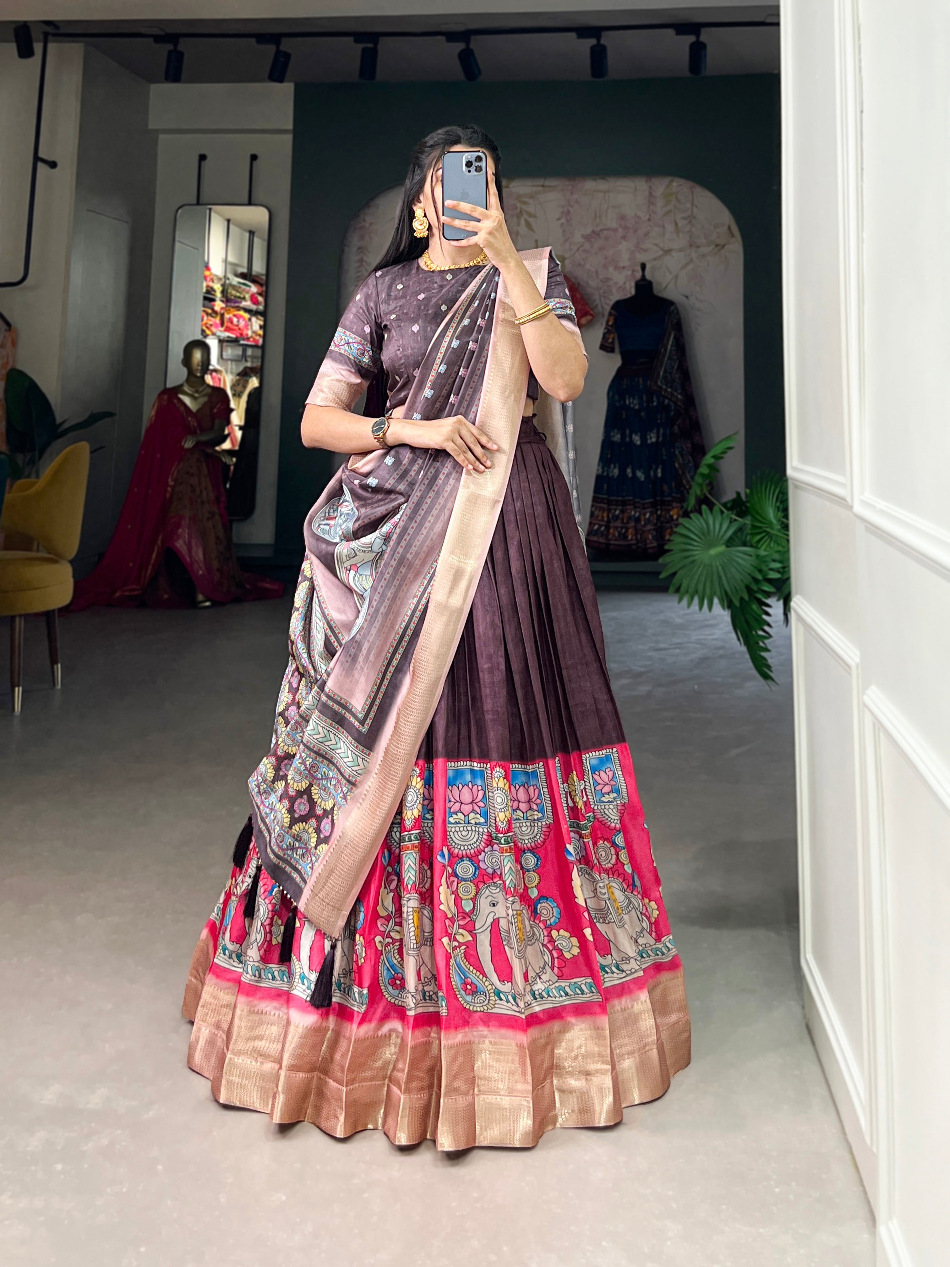 Amazing Burgundy Kalamkari Printed Dola Silk Traditional Lehenga Choli