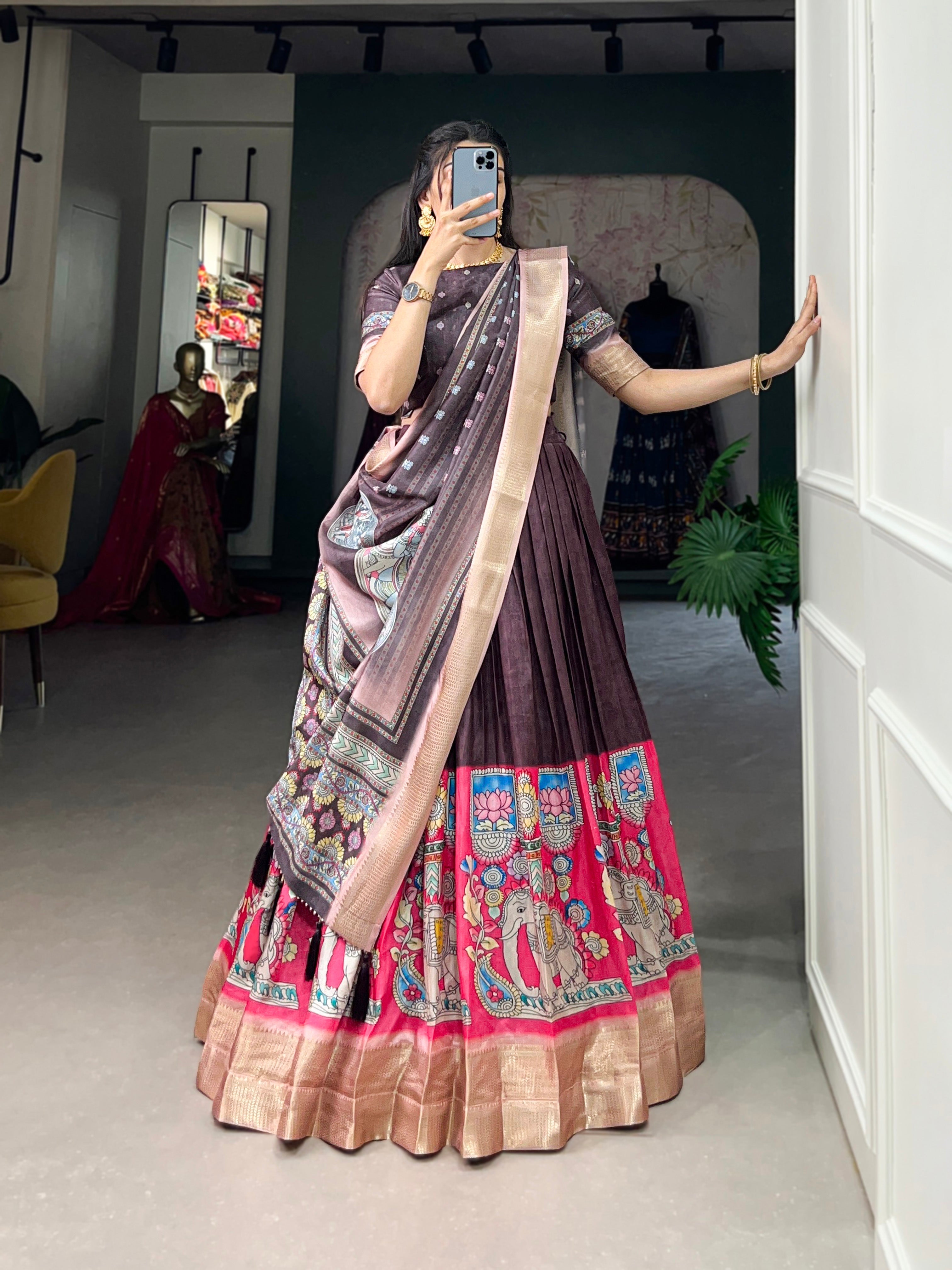 Amazing Burgundy Kalamkari Printed Dola Silk Traditional Lehenga Choli