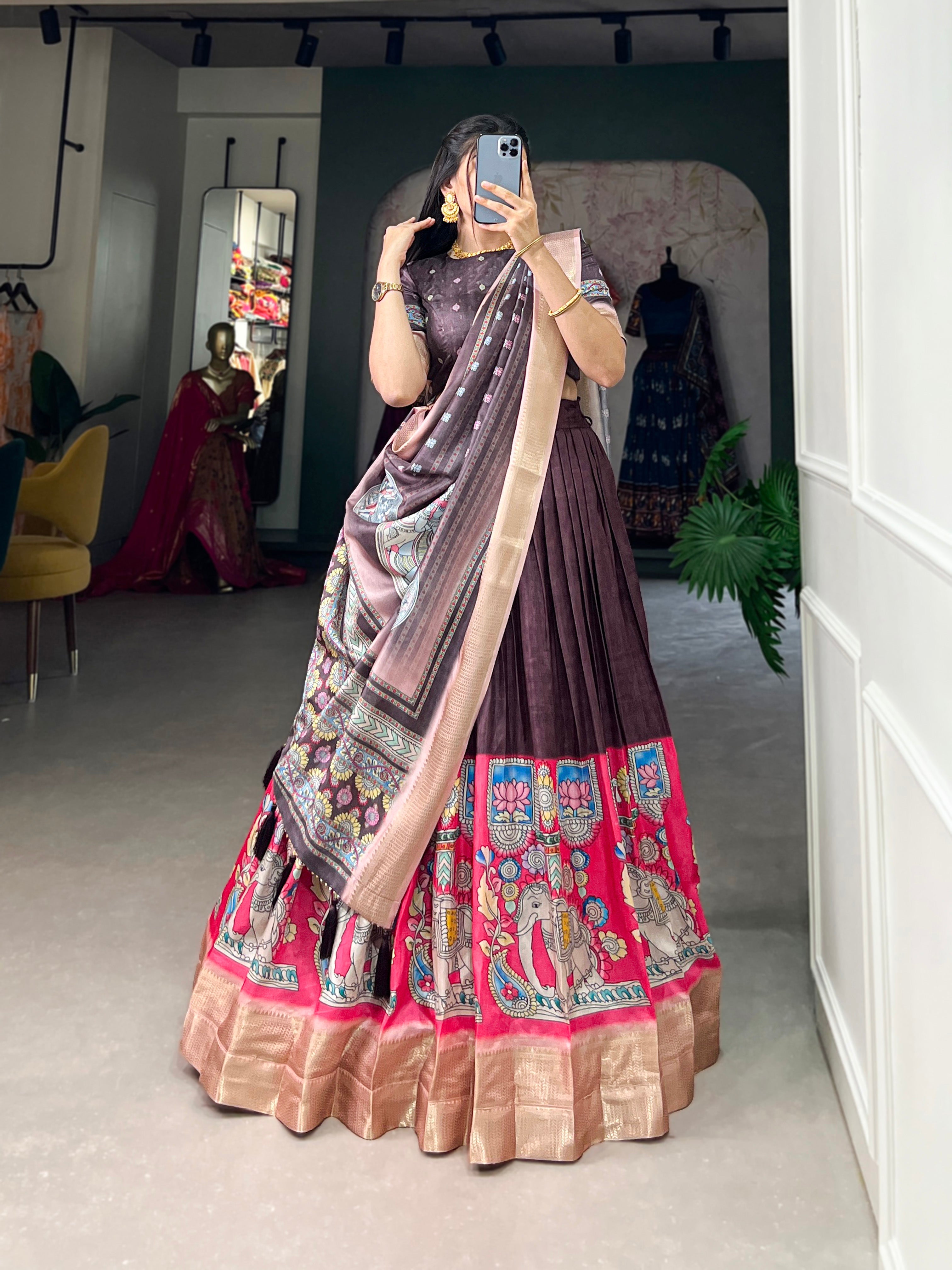 Amazing Burgundy Kalamkari Printed Dola Silk Traditional Lehenga Choli