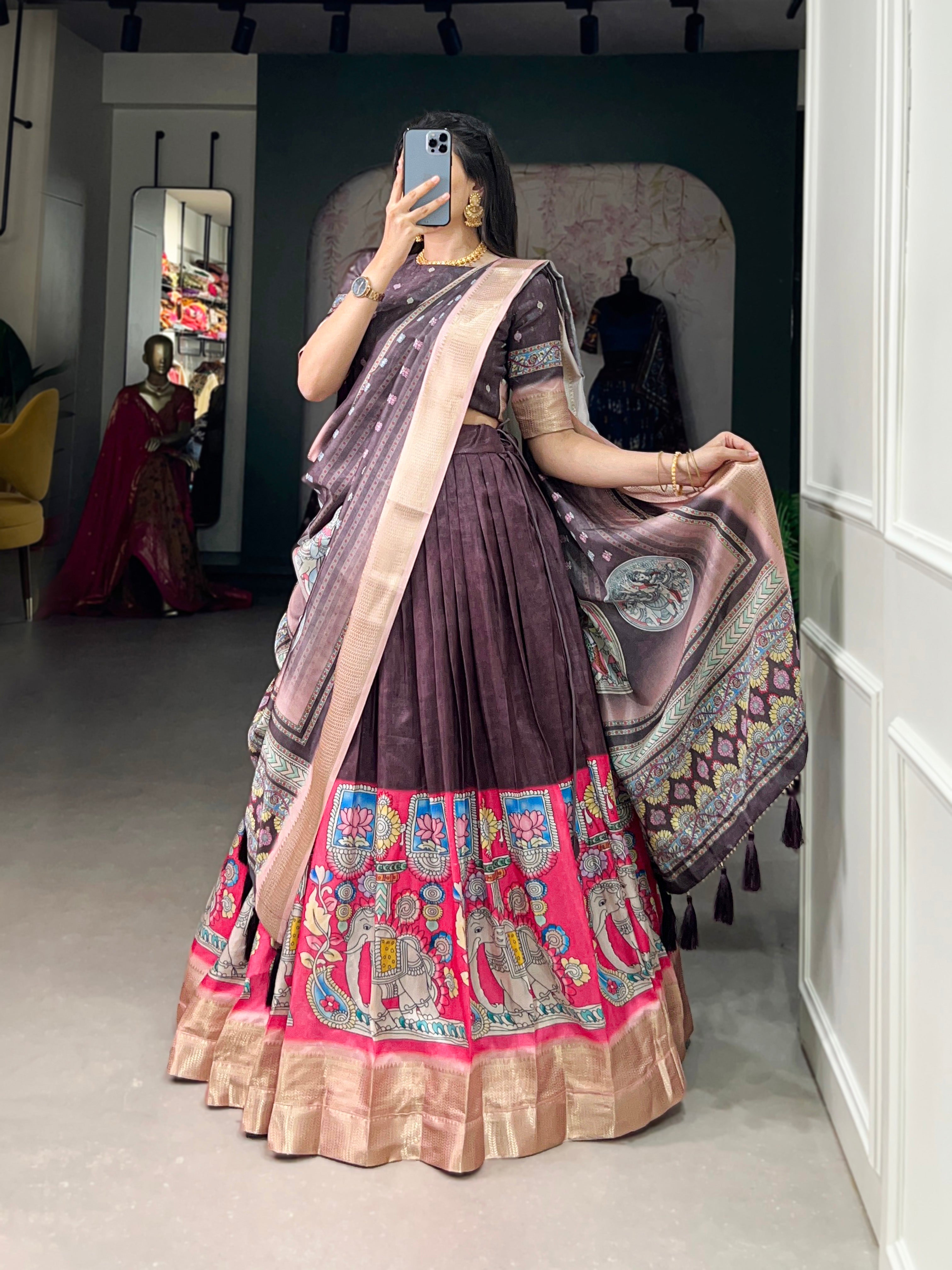 Amazing Burgundy Kalamkari Printed Dola Silk Traditional Lehenga Choli