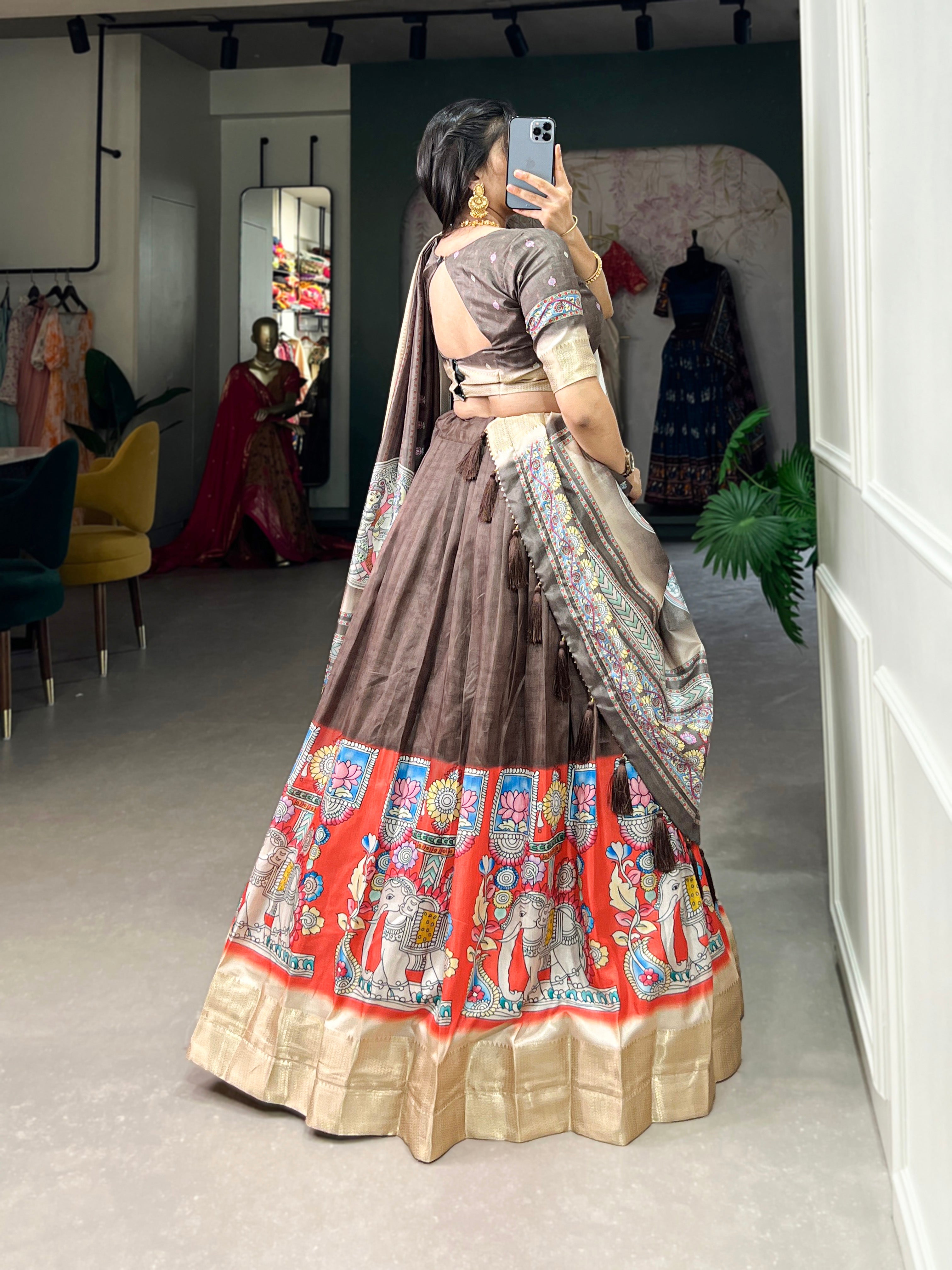 Amazing Brown Kalamkari Printed Dola Silk Traditional Lehenga Choli