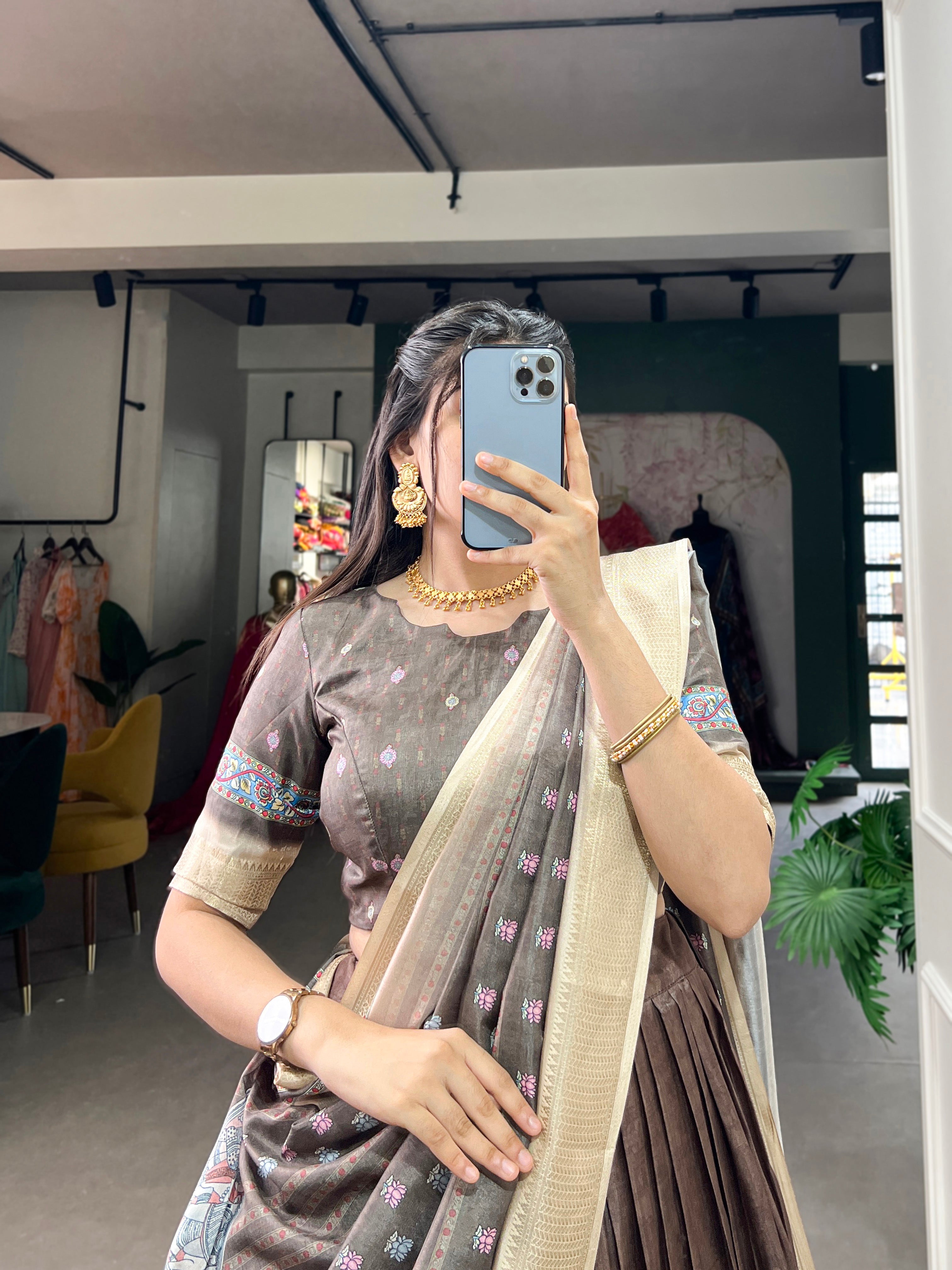 Amazing Brown Kalamkari Printed Dola Silk Traditional Lehenga Choli