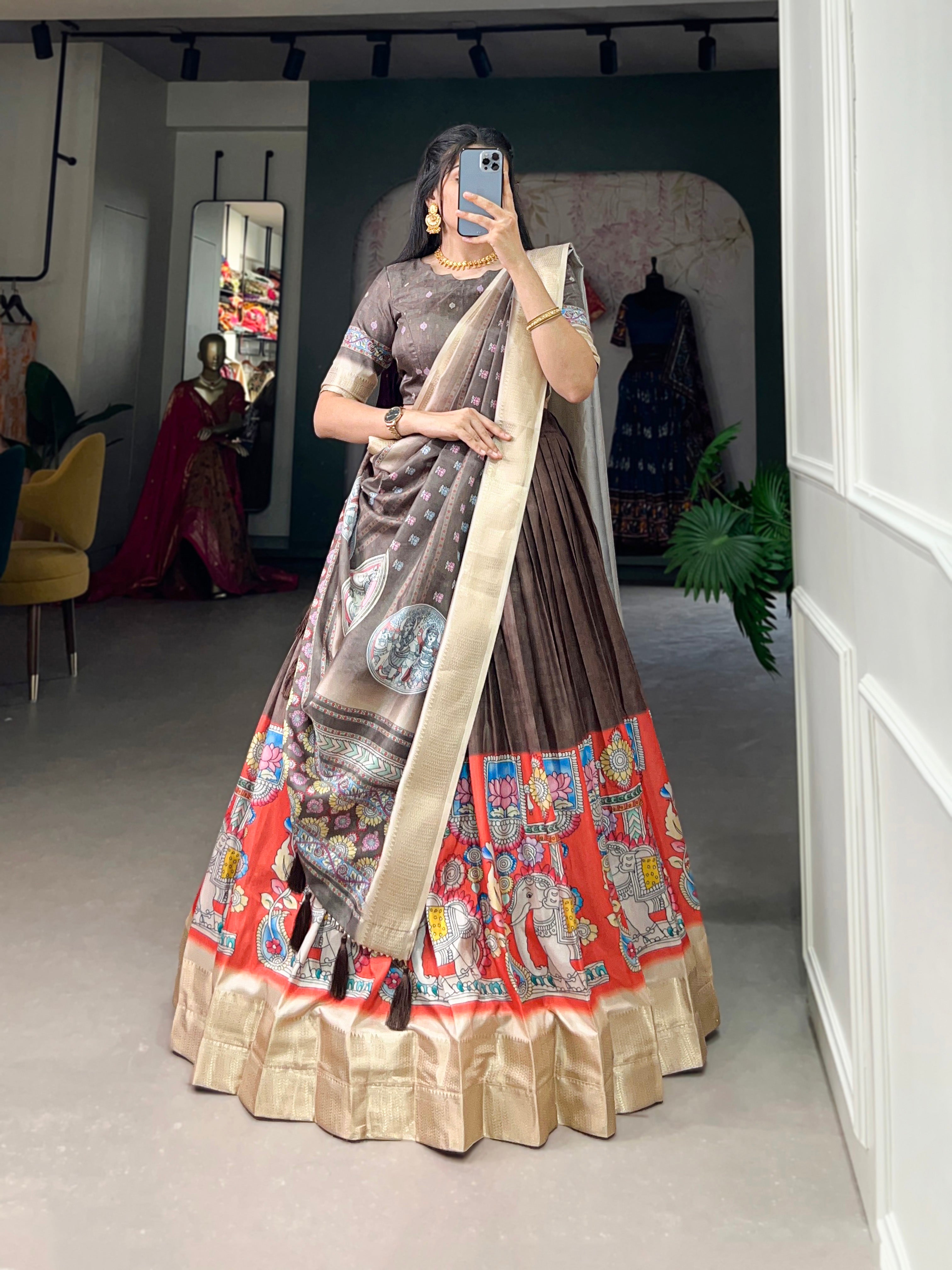 Amazing Brown Kalamkari Printed Dola Silk Traditional Lehenga Choli
