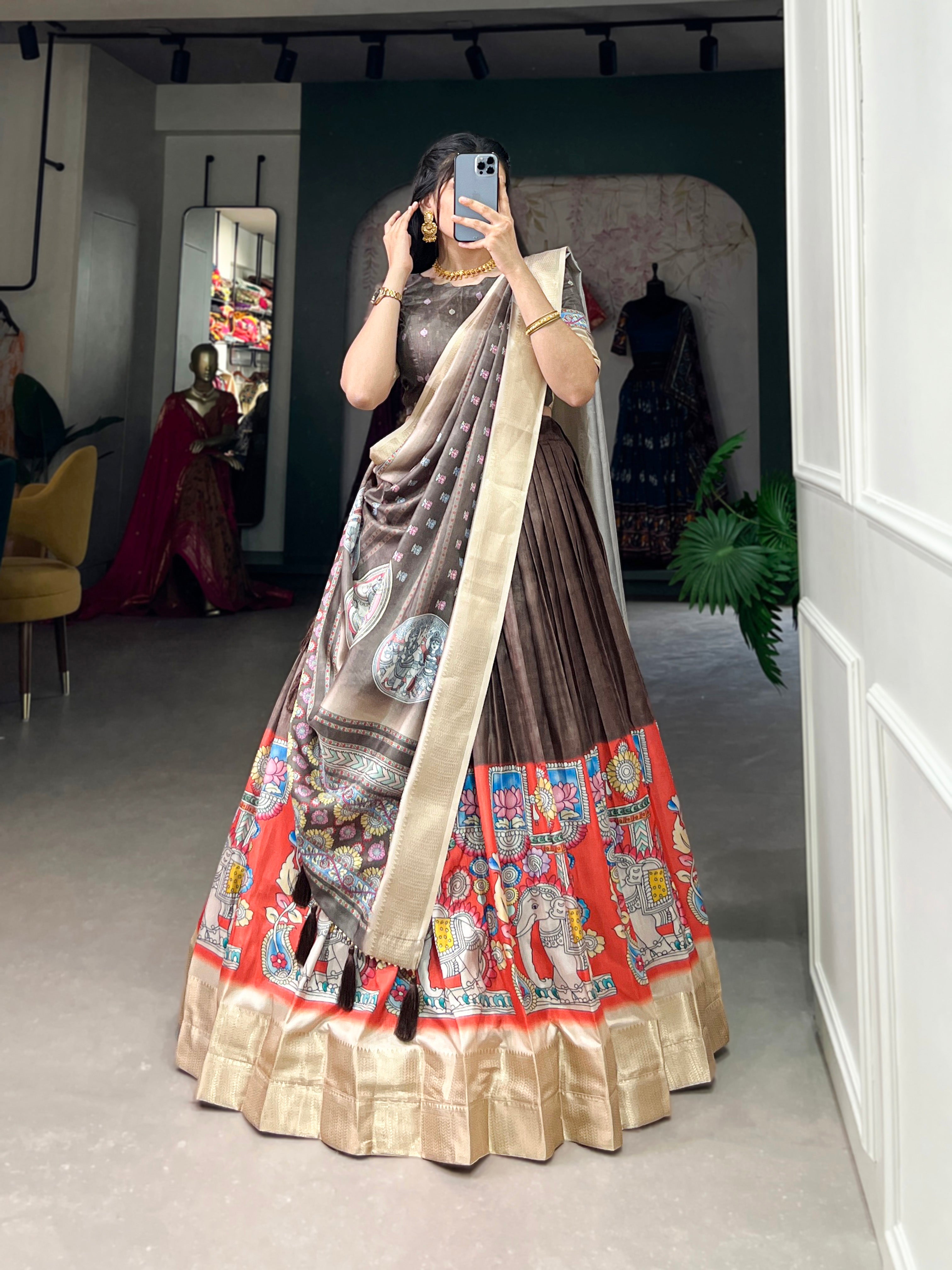 Amazing Brown Kalamkari Printed Dola Silk Traditional Lehenga Choli