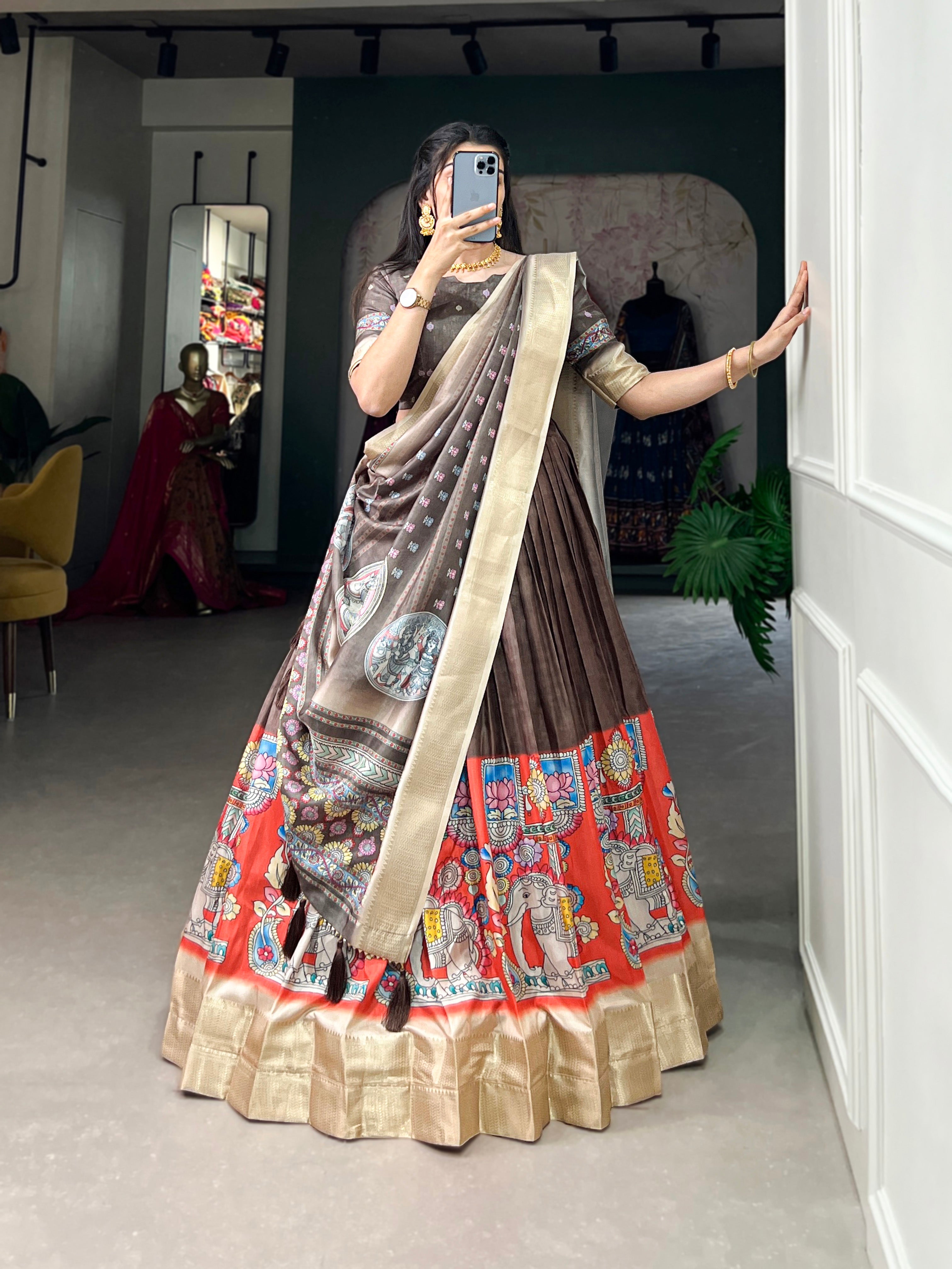 Amazing Brown Kalamkari Printed Dola Silk Traditional Lehenga Choli