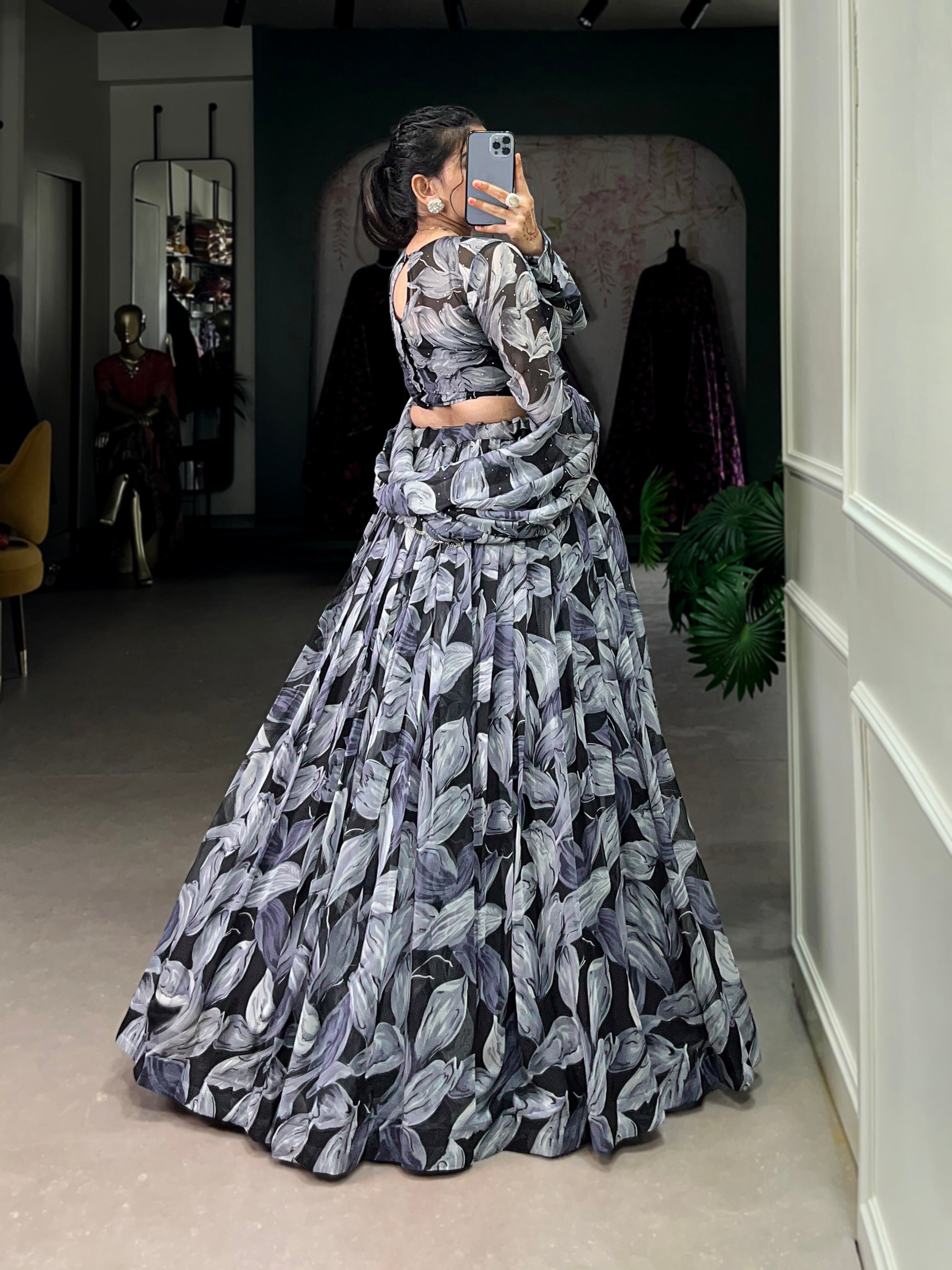 Pretty Black Digital Printed Silk Party Wear Lehenga Choli With Dupatta