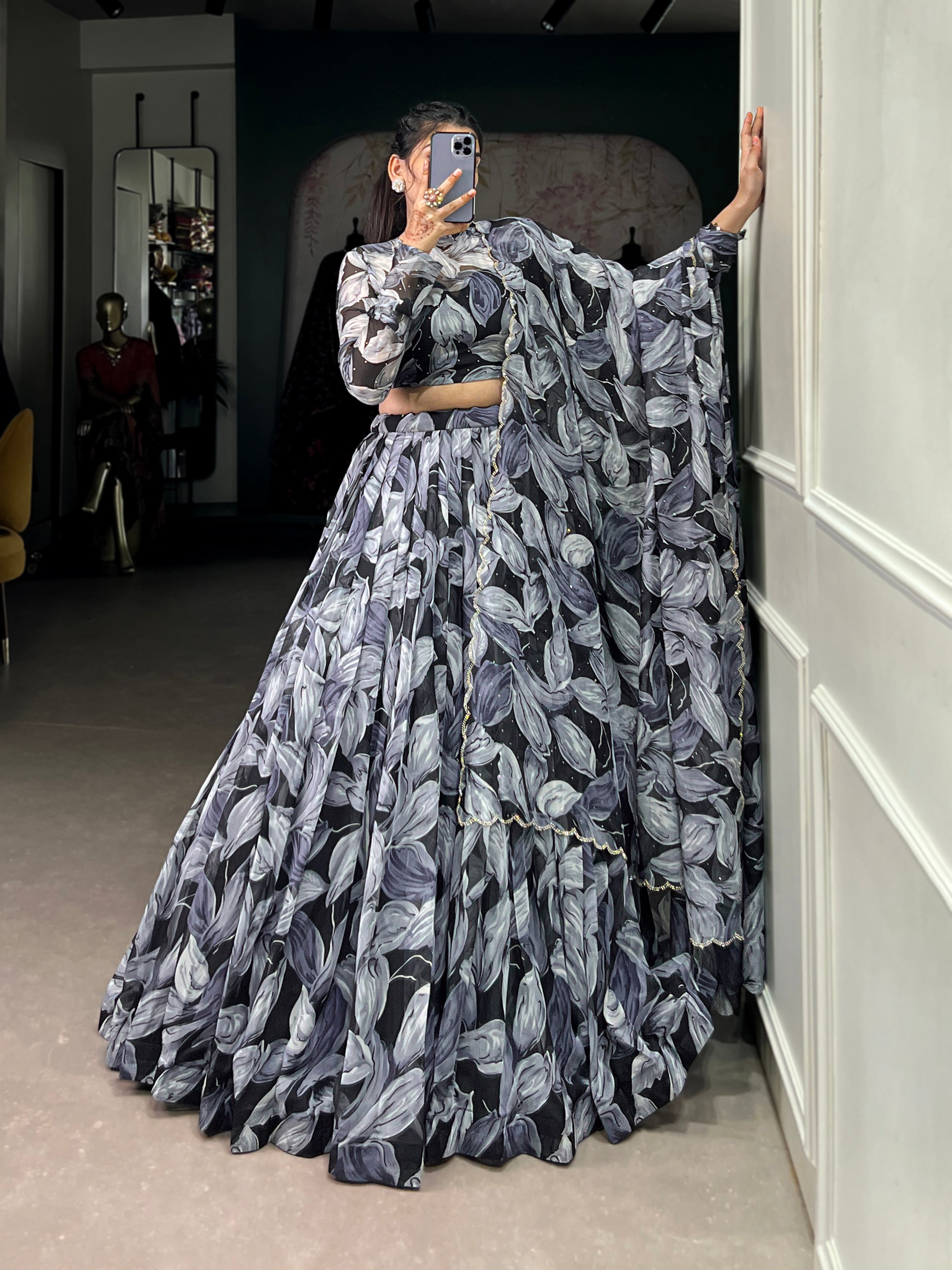Pretty Black Digital Printed Silk Party Wear Lehenga Choli With Dupatta