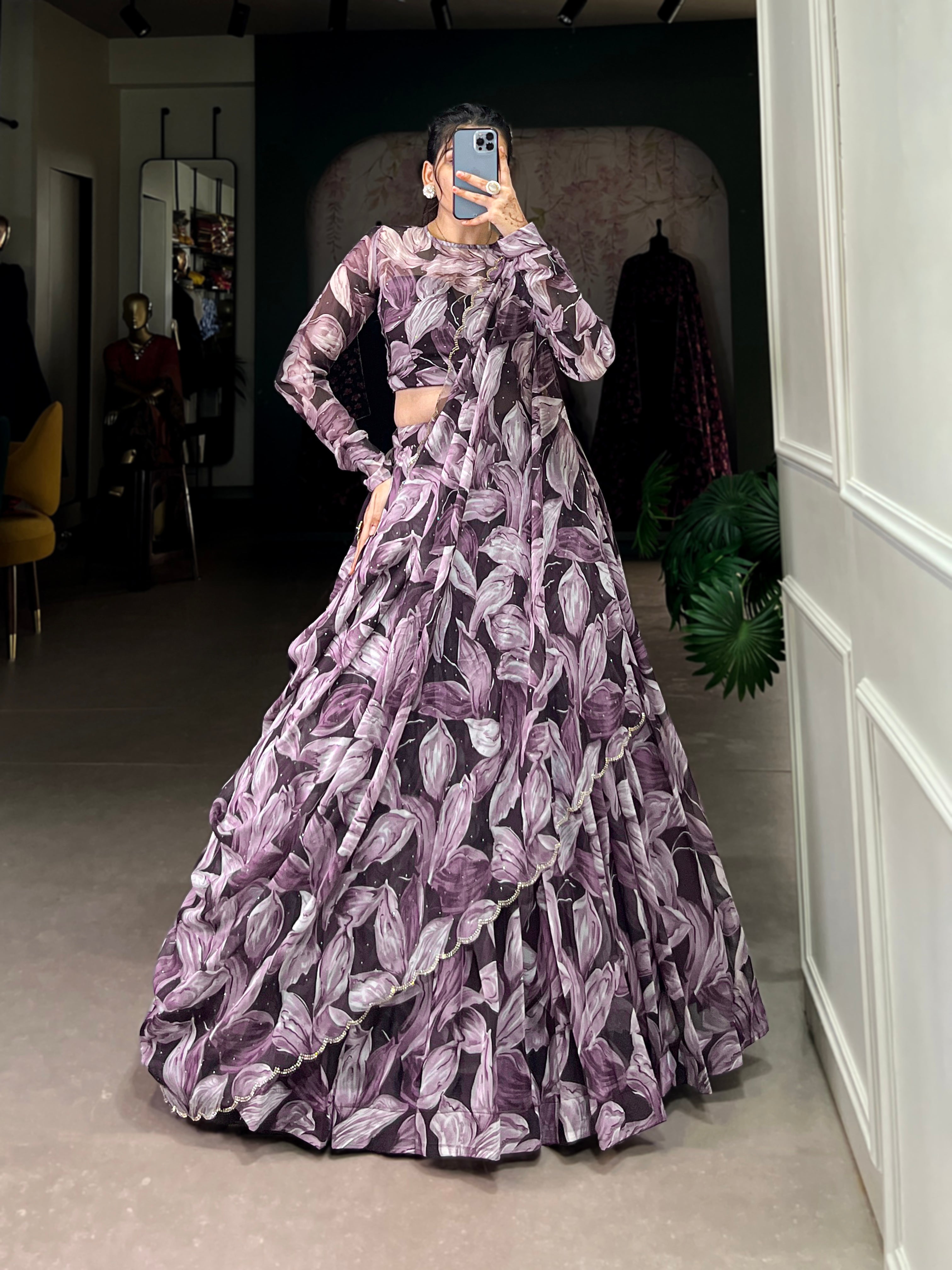 Pretty Coffe Digital Printed Silk Party Wear Lehenga Choli With Dupatta