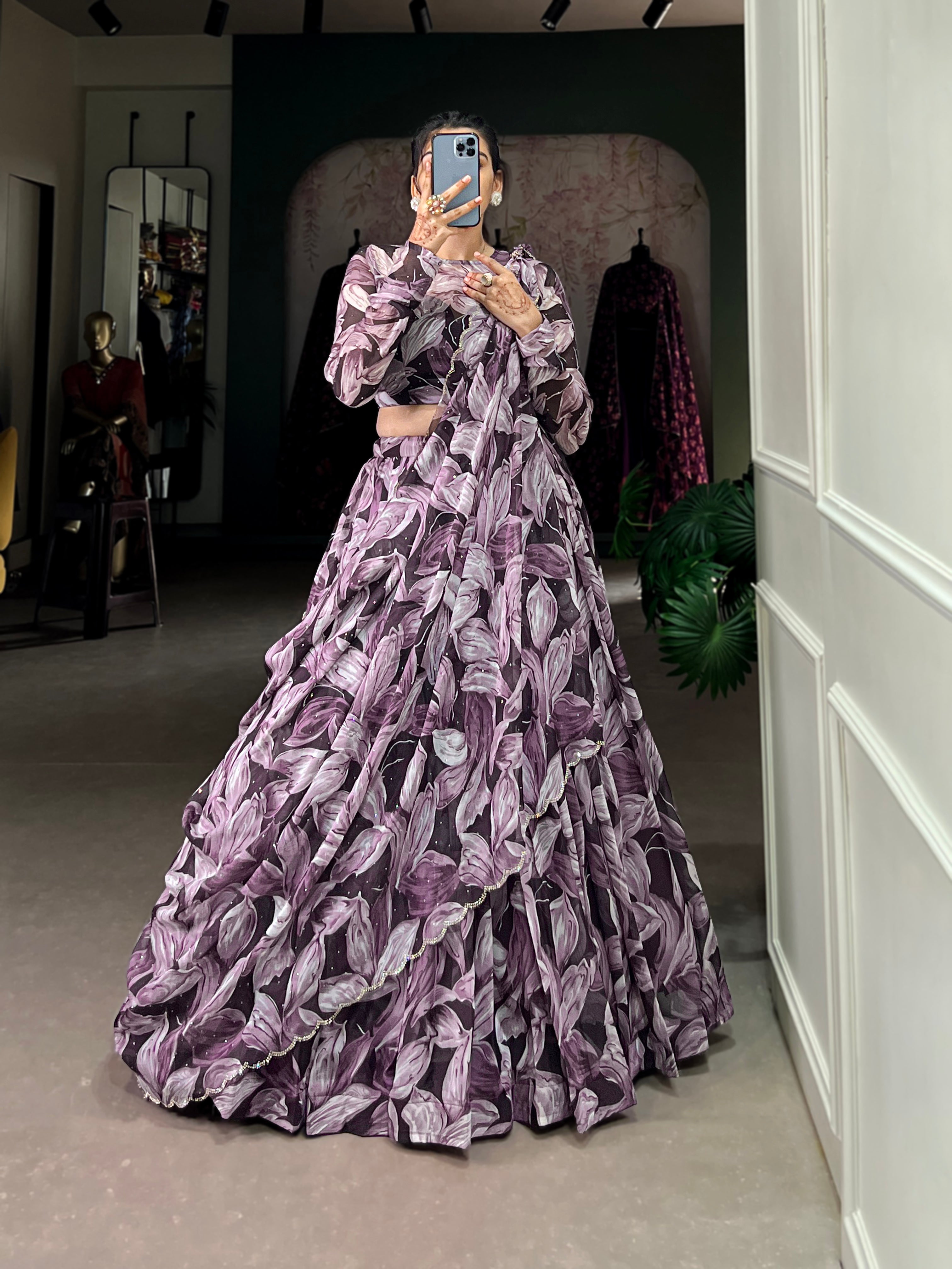 Pretty Coffe Digital Printed Silk Party Wear Lehenga Choli With Dupatta