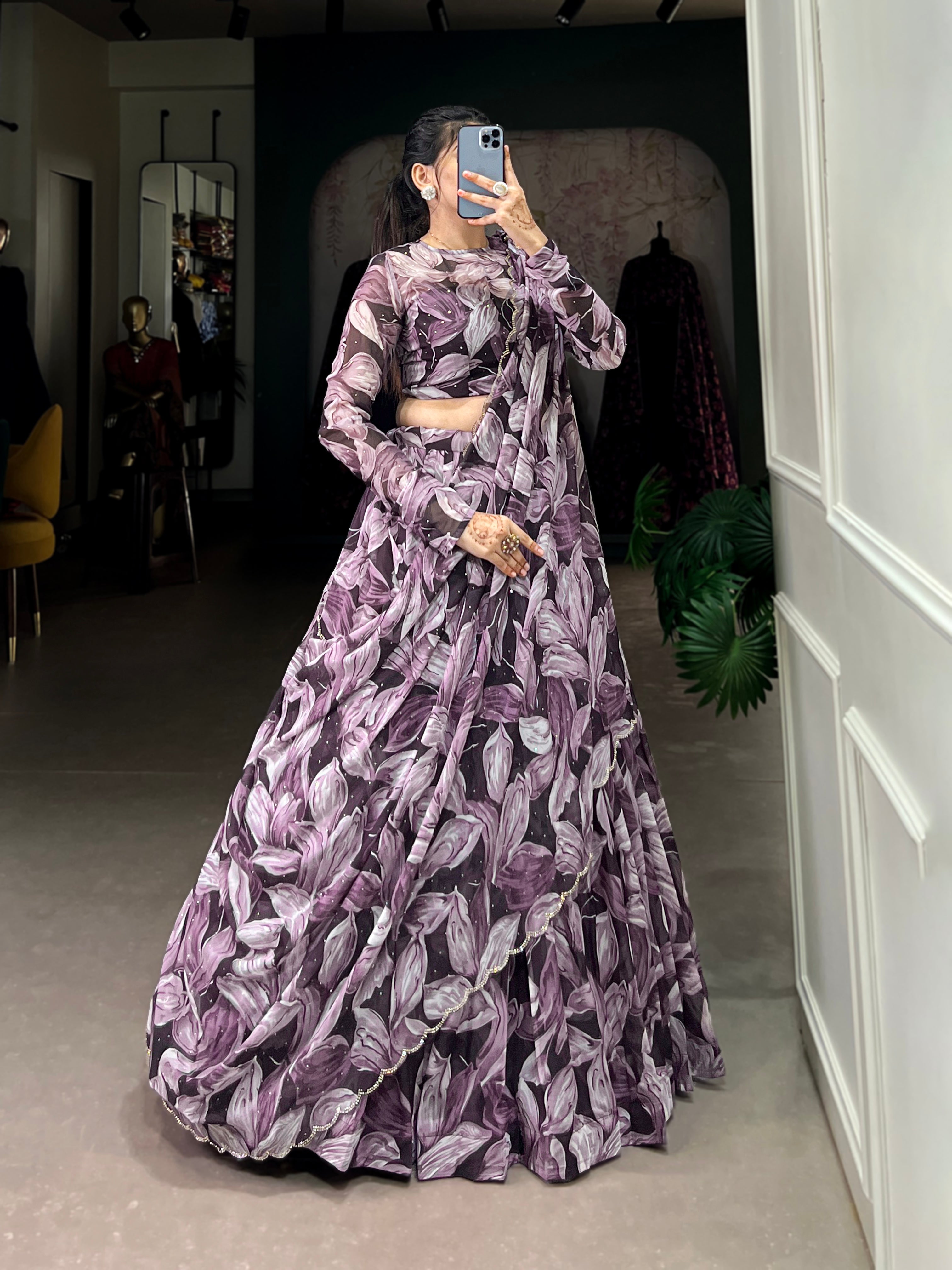 Pretty Coffe Digital Printed Silk Party Wear Lehenga Choli With Dupatta