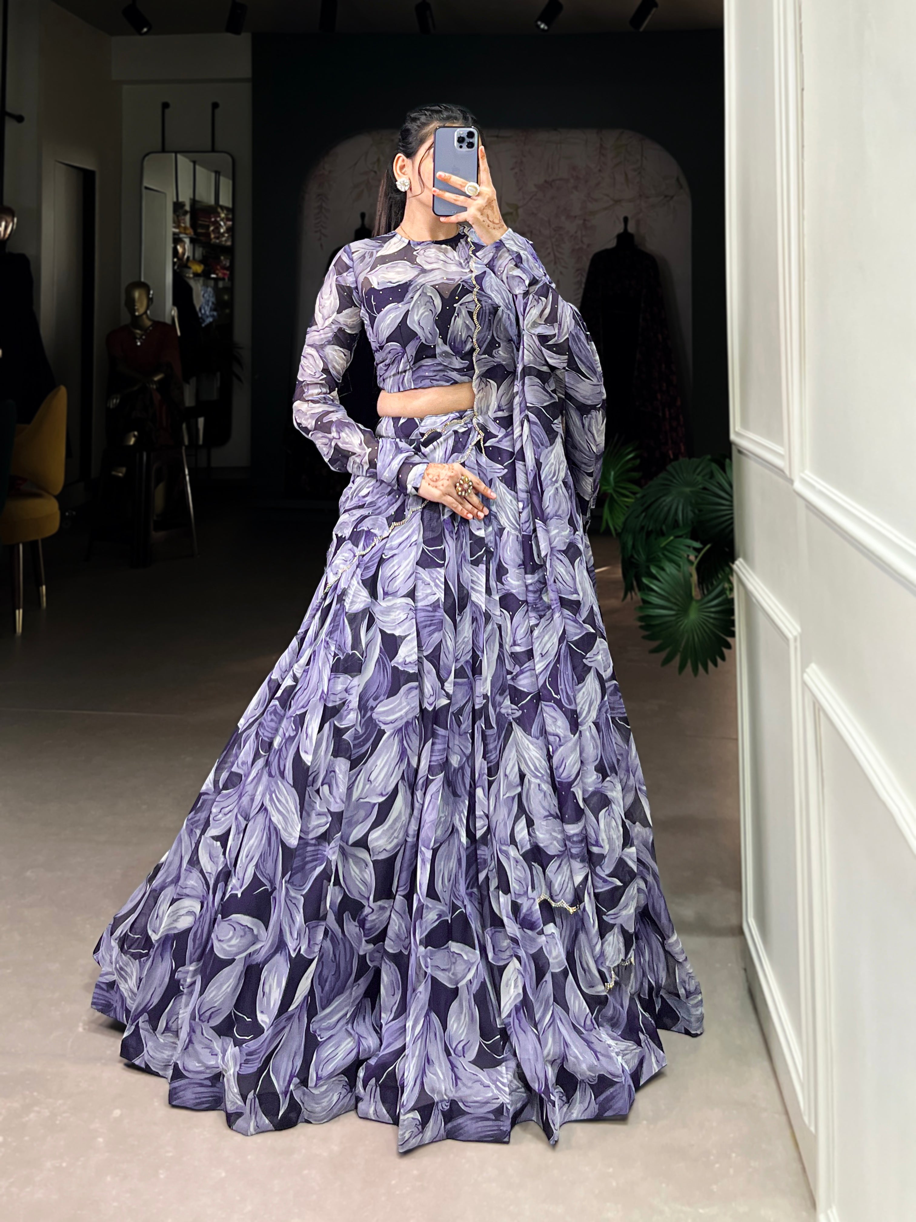 Pretty Navy Blue Digital Printed Silk Party Wear Lehenga Choli With Dupatta