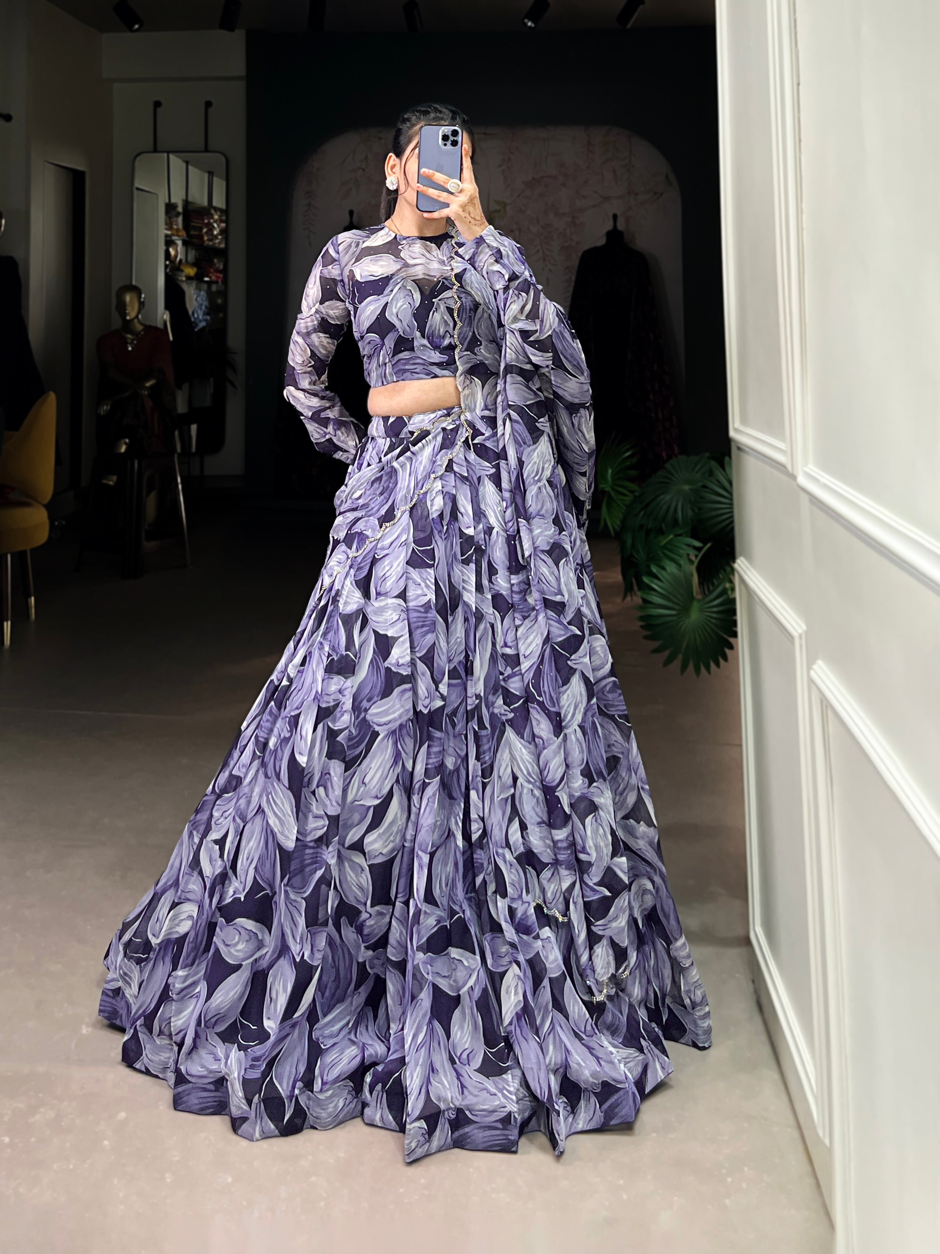 Pretty Navy Blue Digital Printed Silk Party Wear Lehenga Choli With Dupatta