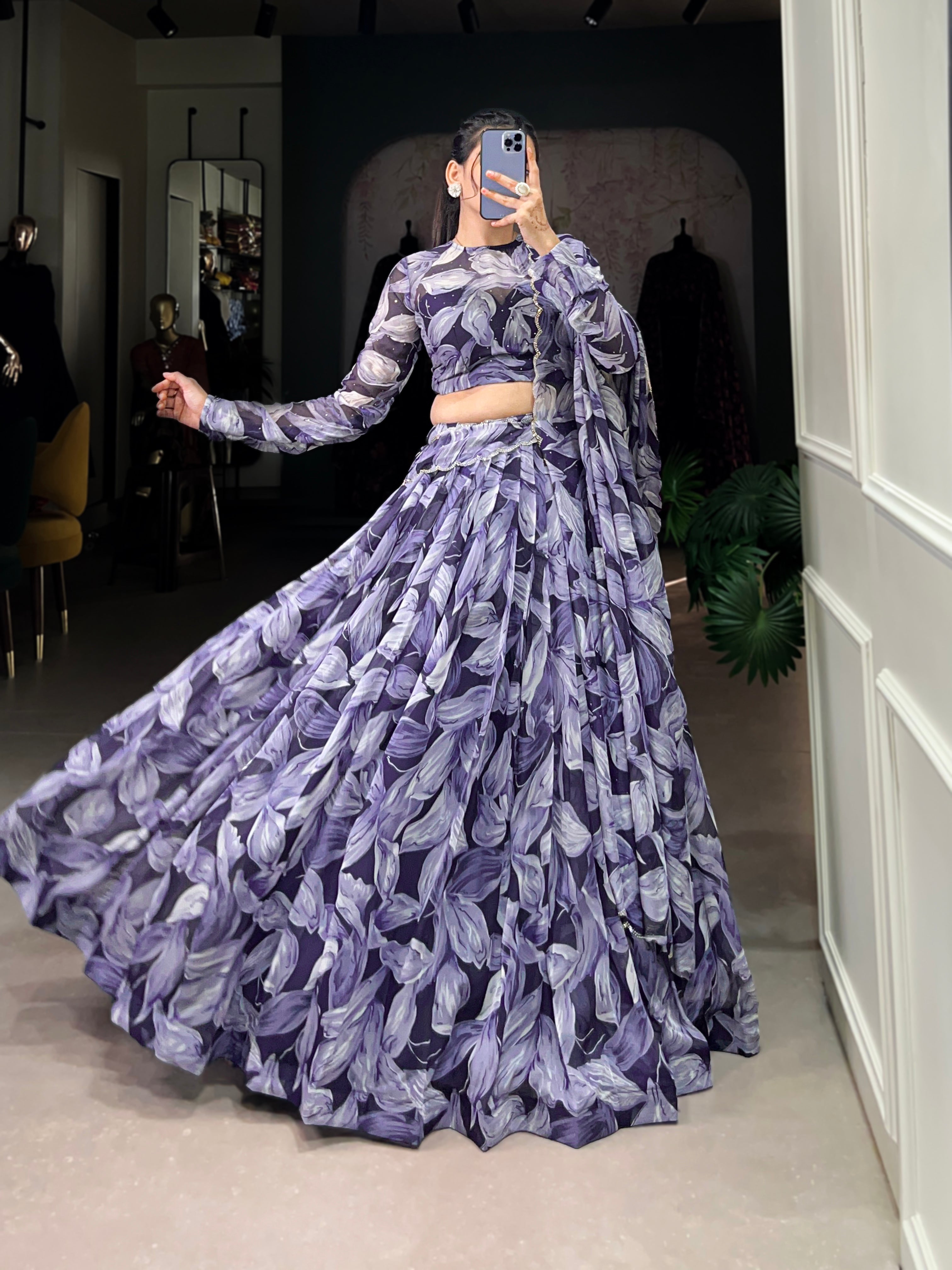 Pretty Navy Blue Digital Printed Silk Party Wear Lehenga Choli With Dupatta
