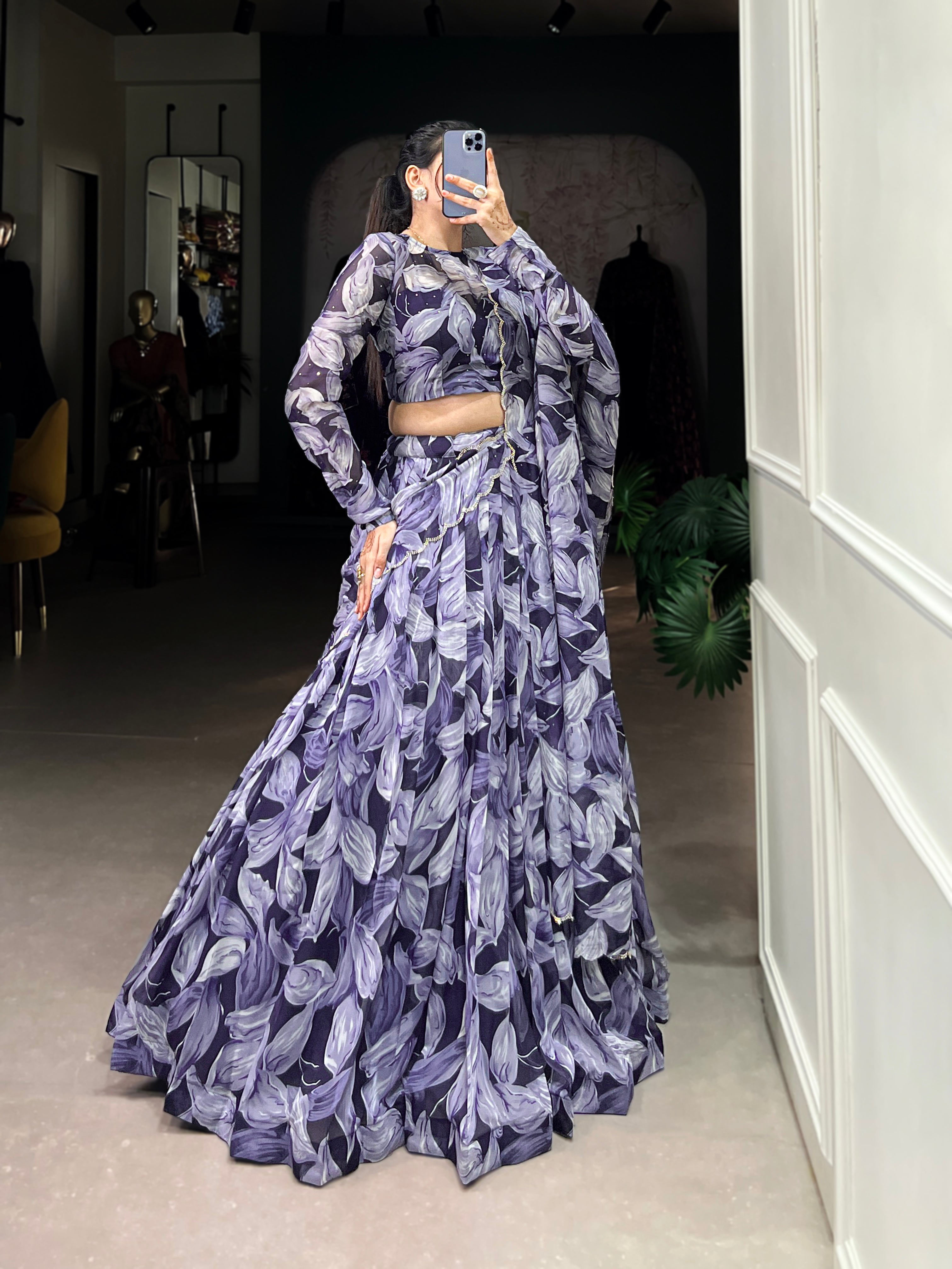 Pretty Navy Blue Digital Printed Silk Party Wear Lehenga Choli With Dupatta